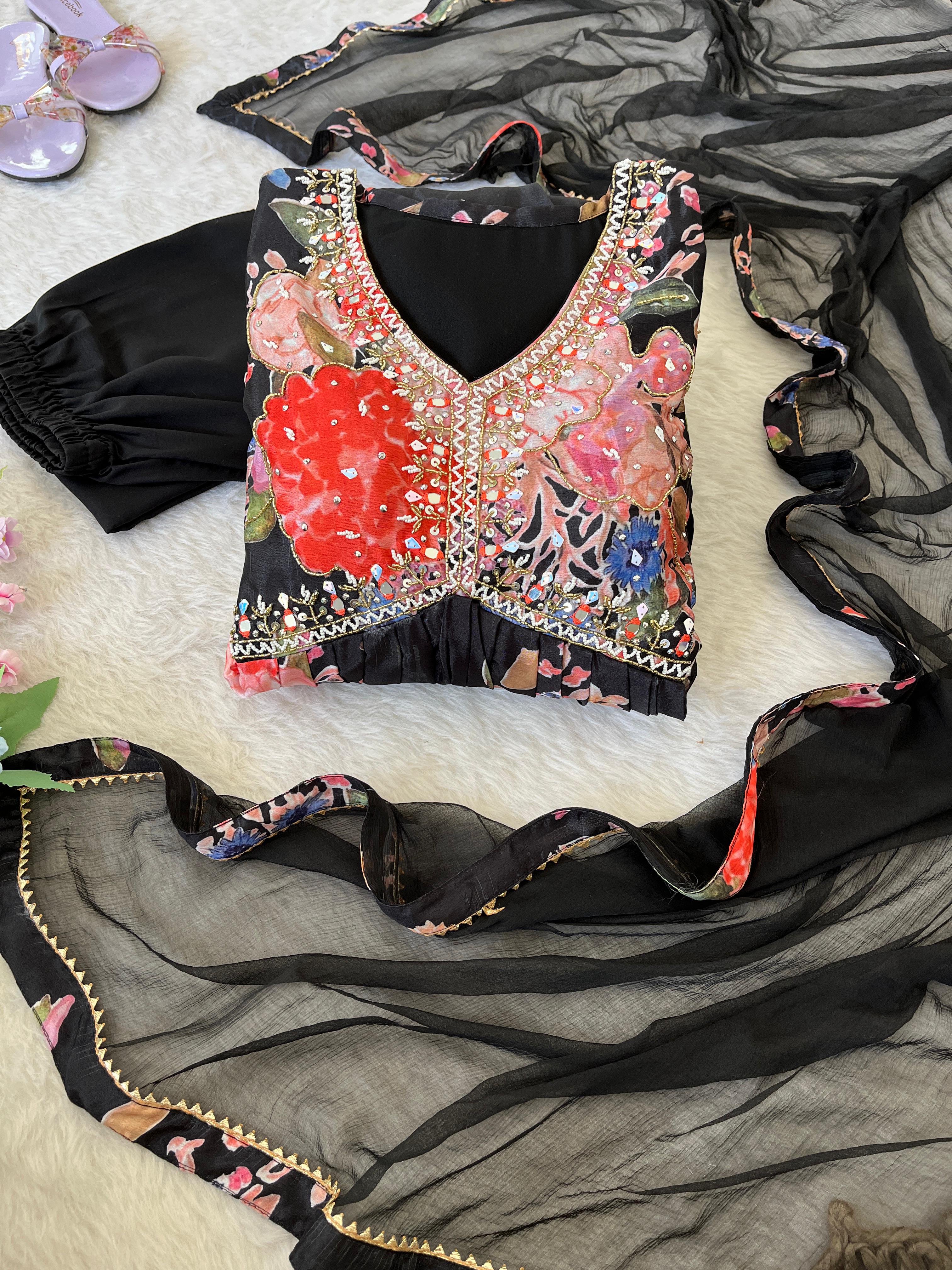 Stylish Black Soft Chinon Floral Printed Handworked Suit - Ethnicwish