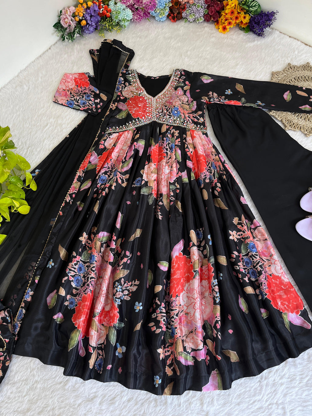 Stylish Black Soft Chinon Floral Printed Handworked Suit - Ethnicwish