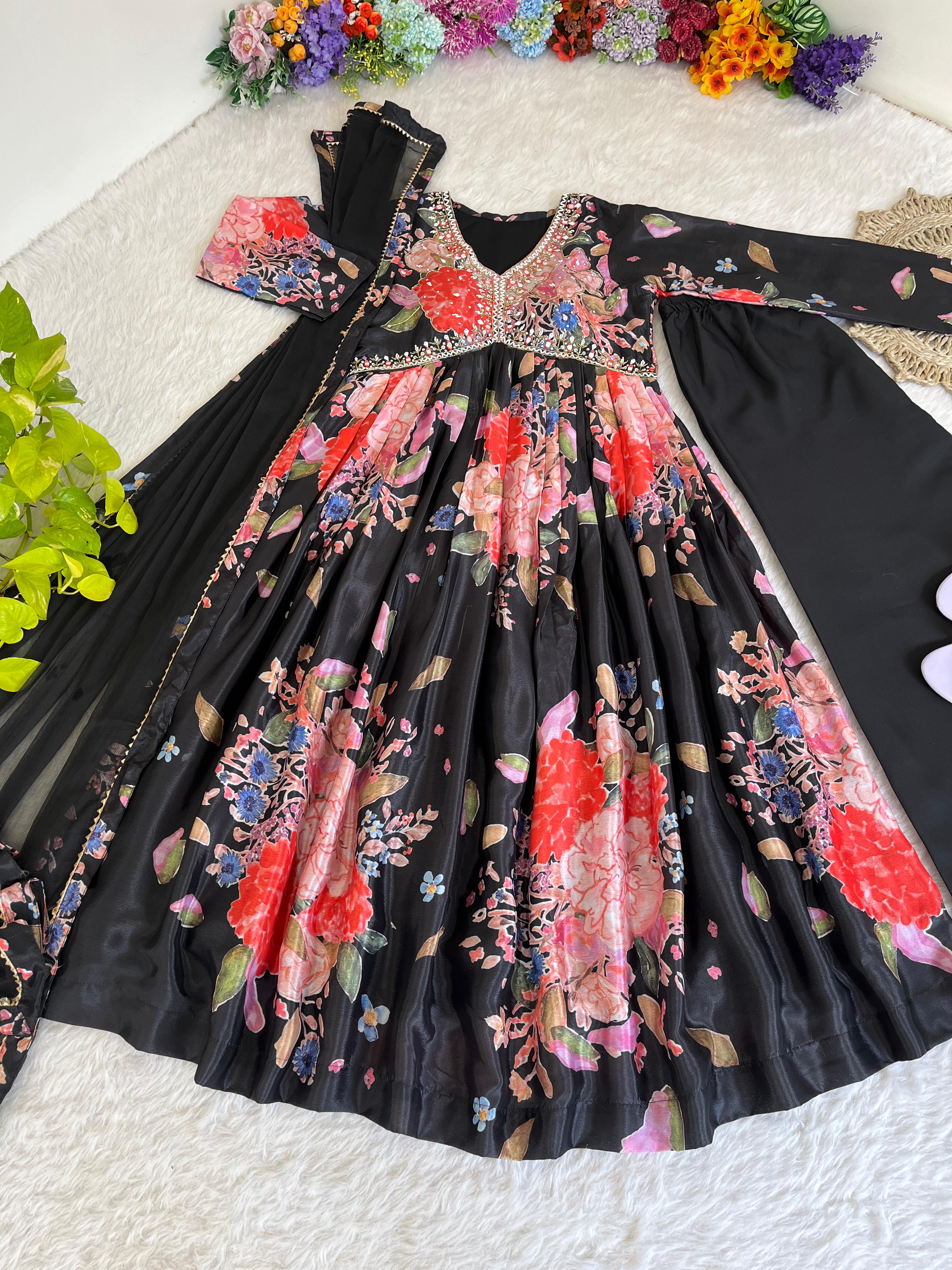 Stylish Black Soft Chinon Floral Printed Handworked Suit - Ethnicwish