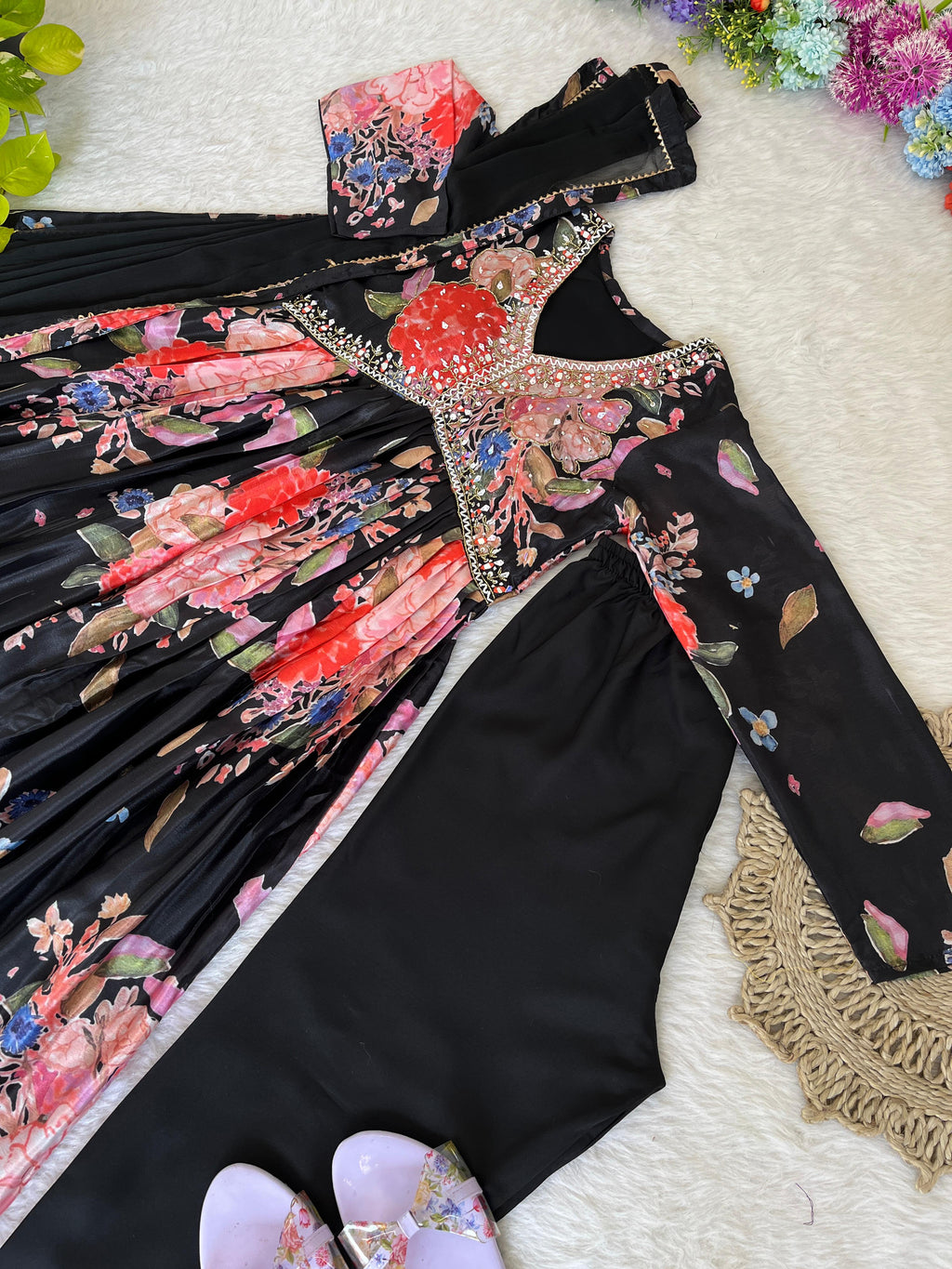 Stylish Black Soft Chinon Floral Printed Handworked Suit - Ethnicwish