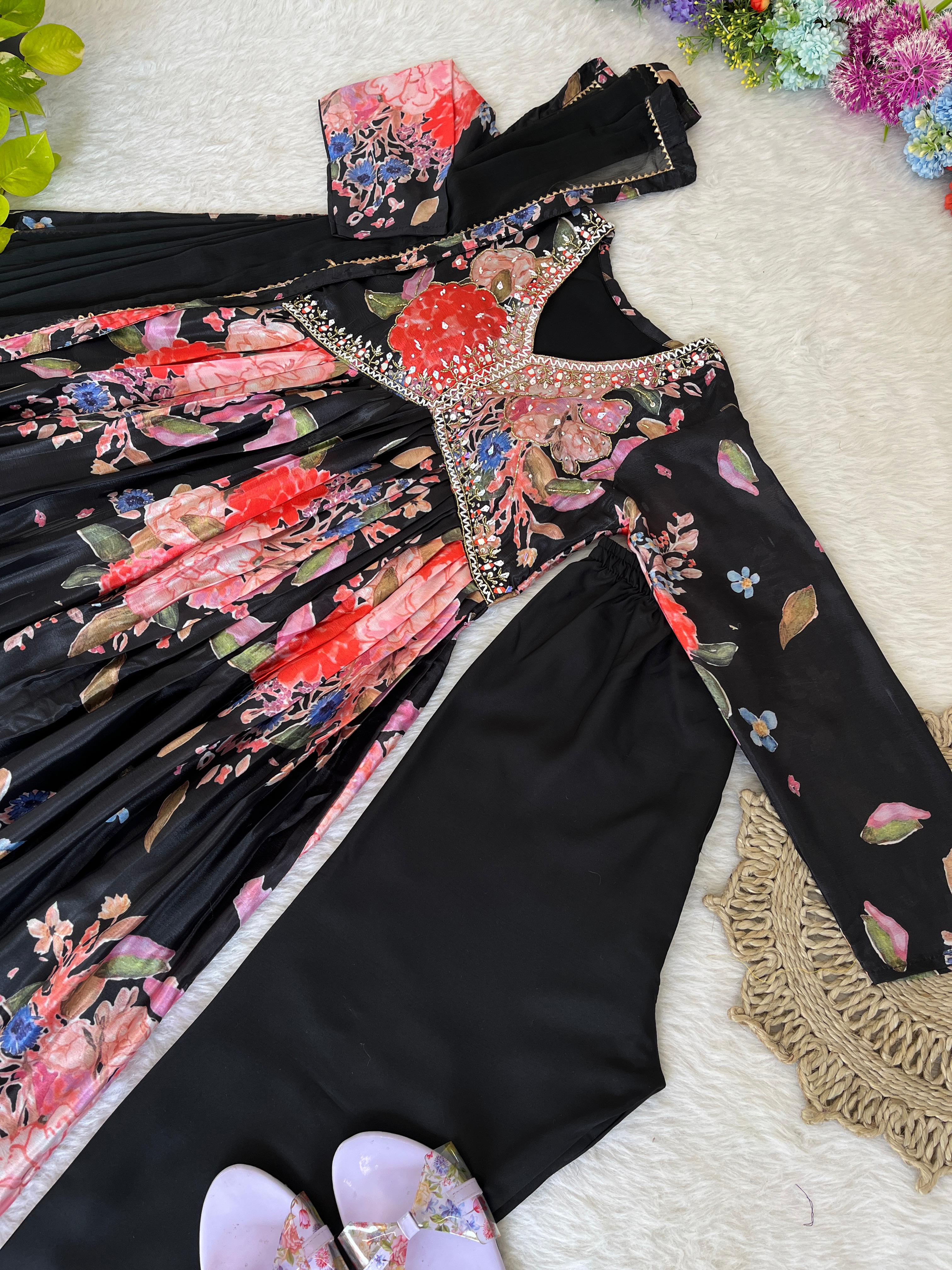 Stylish Black Soft Chinon Floral Printed Handworked Suit - Ethnicwish