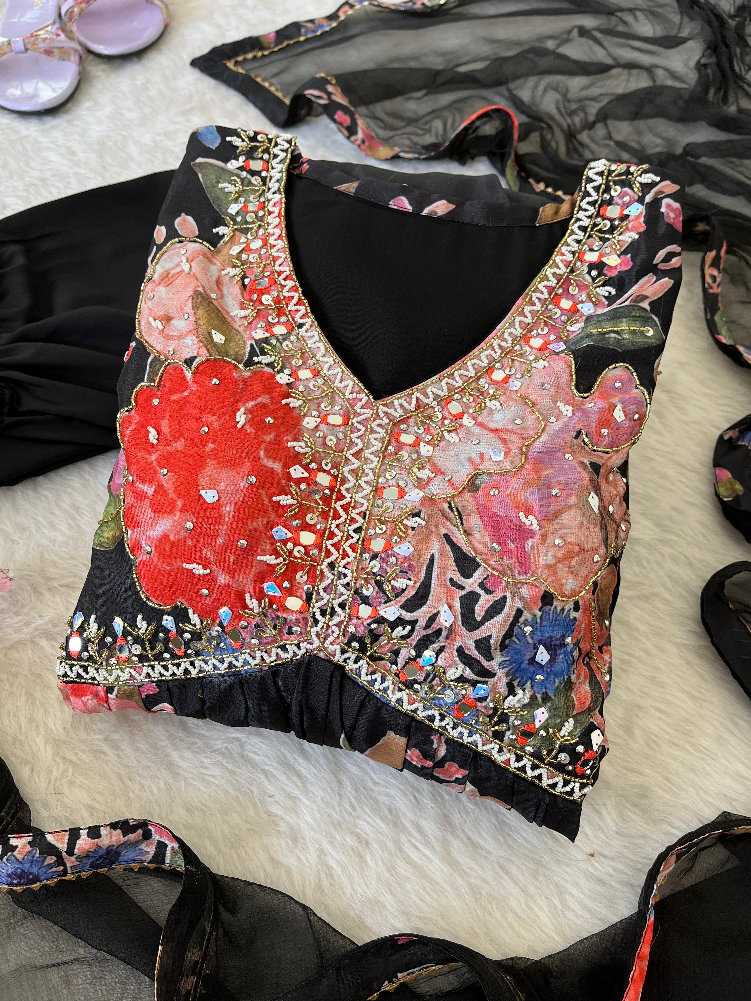 Stylish Black Soft Chinon Floral Printed Handworked Suit - Ethnicwish