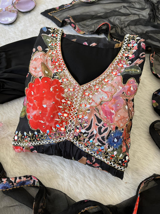 Stylish Black Soft Chinon Floral Printed Handworked Suit - Ethnicwish