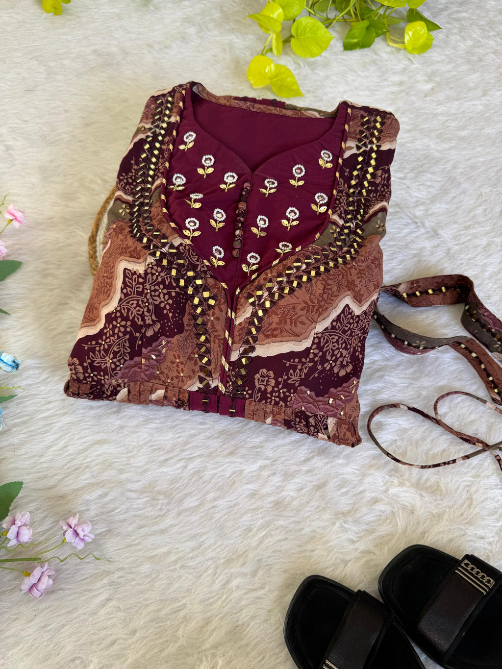 Ravishing Wine Rayon Foil Worked Hand Embroidered Gown - Ethnicwish