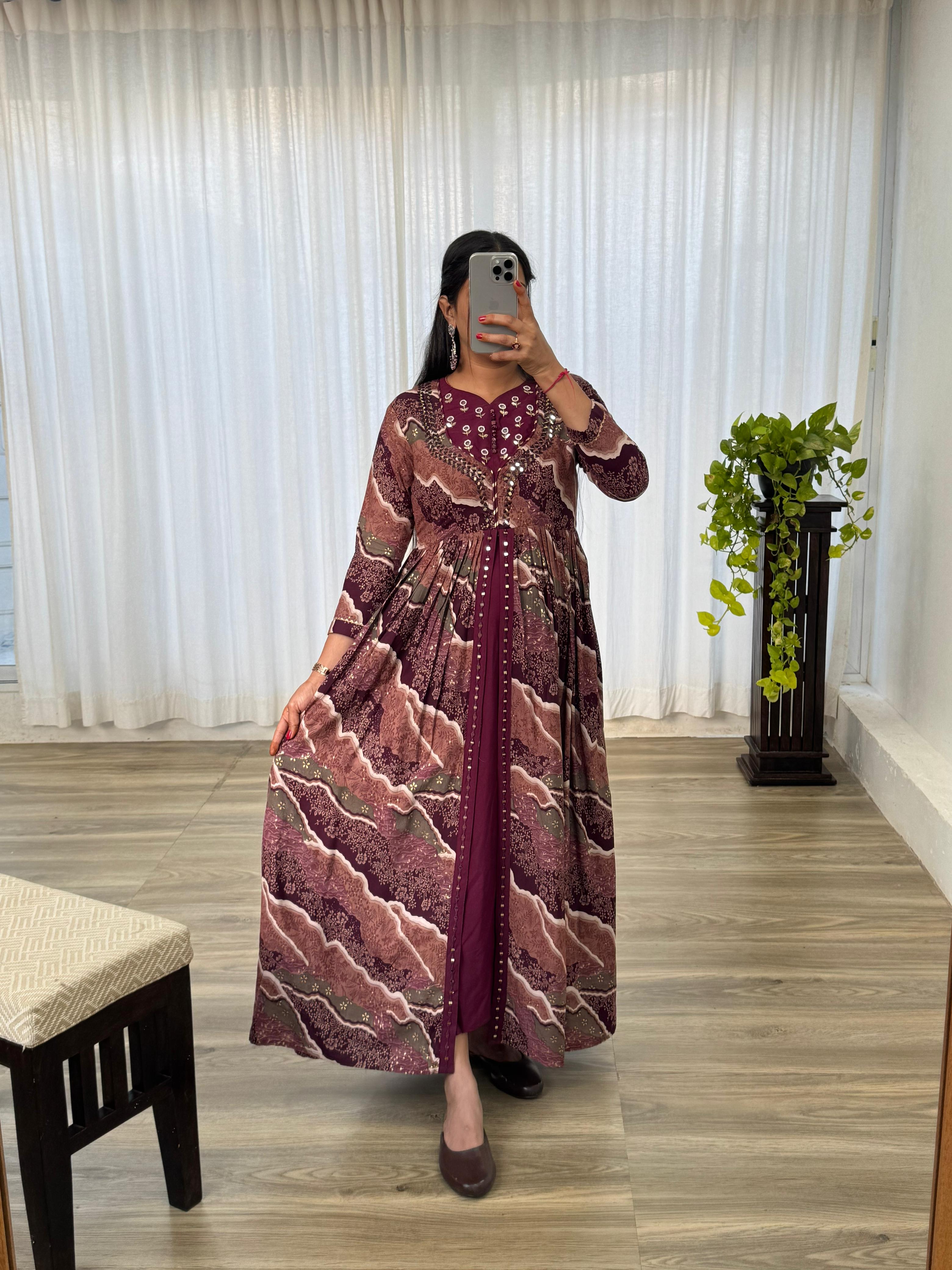Ravishing Wine Rayon Foil Worked Hand Embroidered Gown - Ethnicwish