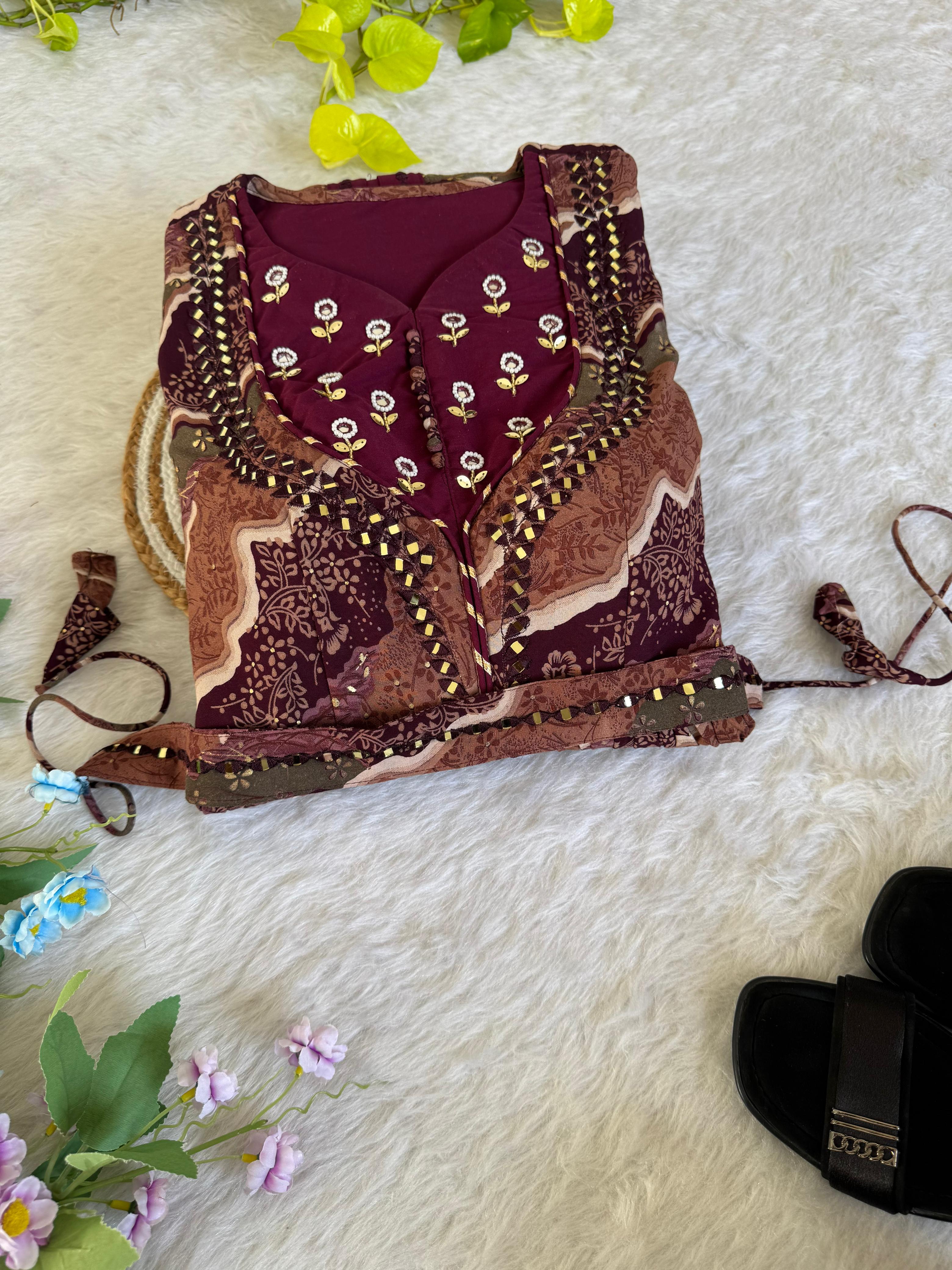 Ravishing Wine Rayon Foil Worked Hand Embroidered Gown - Ethnicwish