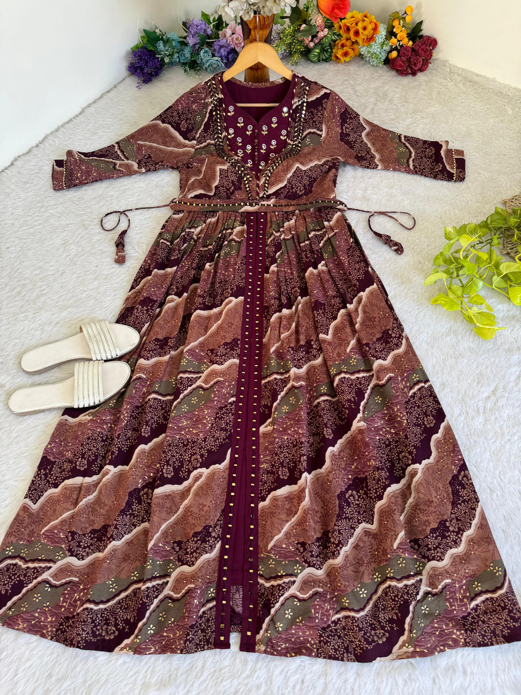 Ravishing Wine Rayon Foil Worked Hand Embroidered Gown - Ethnicwish