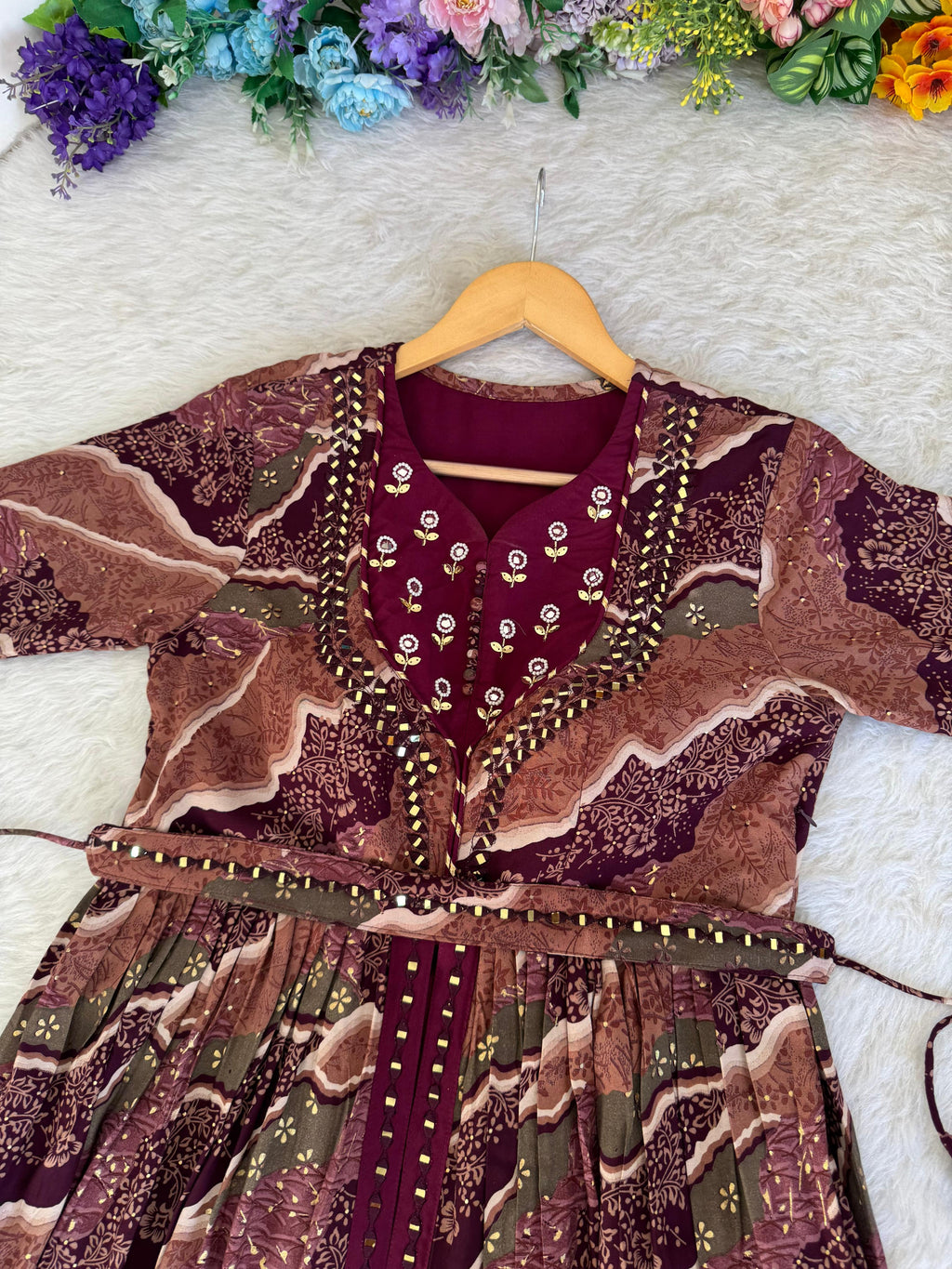 Ravishing Wine Rayon Foil Worked Hand Embroidered Gown - Ethnicwish