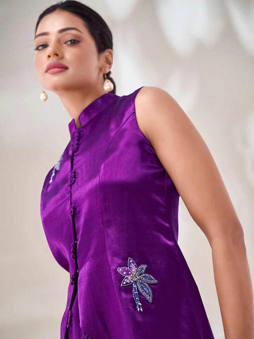 Exclusive Purple Gaji Silk Handcrafted Designer Co-Ord Set - Ethnicwish