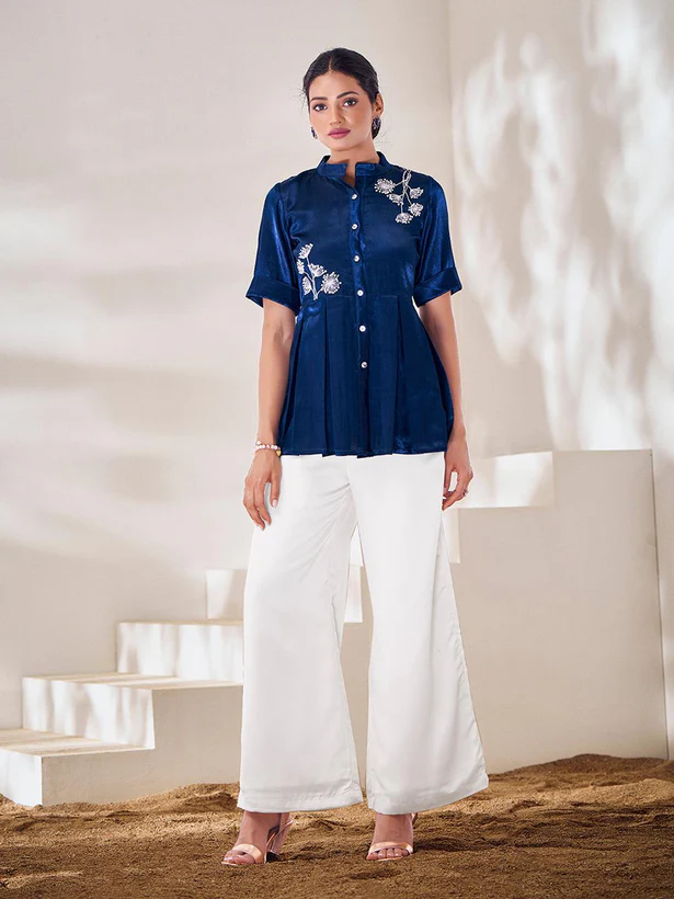 Handcrafted Blue Gaji Silk Designer Co-Ord Set – Elegant & Timeless - Ethnicwish