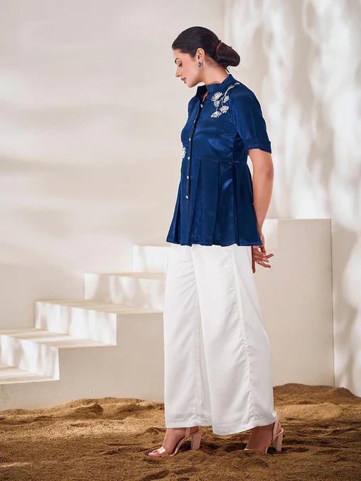 Handcrafted Blue Gaji Silk Designer Co-Ord Set – Elegant & Timeless - Ethnicwish