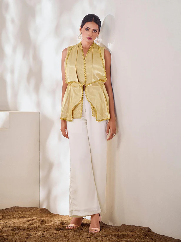 Bold & Chic Beige Silk Blazer Style Co-Ord Set – Stand Out in Style - Ethnicwish