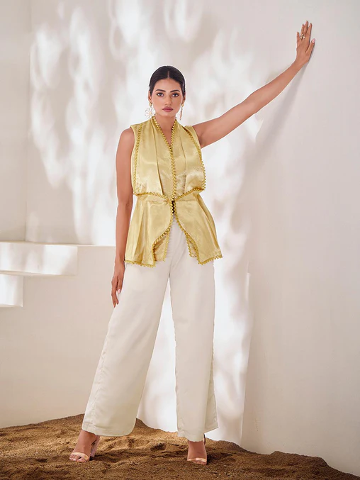 Bold & Chic Beige Silk Blazer Style Co-Ord Set – Stand Out in Style - Ethnicwish