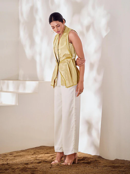 Bold & Chic Beige Silk Blazer Style Co-Ord Set – Stand Out in Style - Ethnicwish