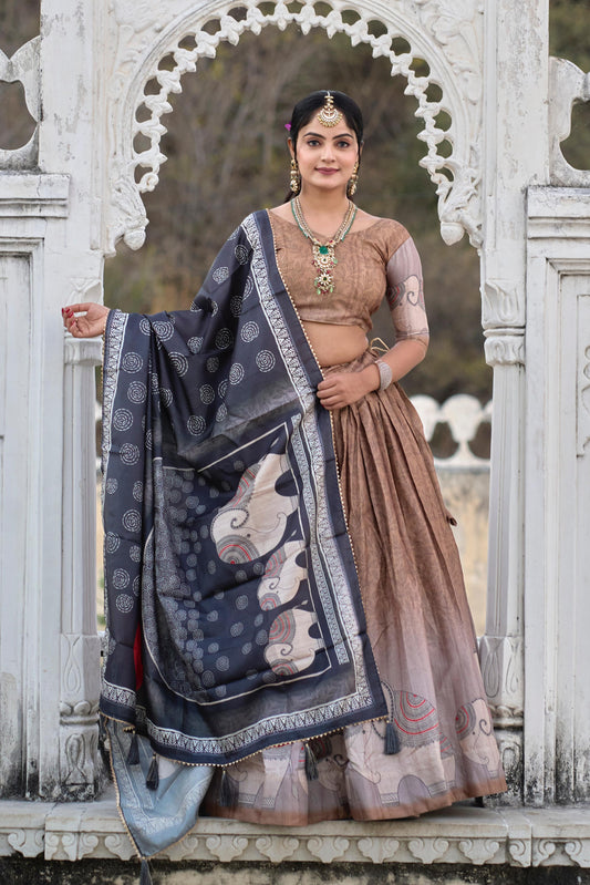 Graceful Brown Pure Manipuri Silk Printed Lehenga Choli Set - Ethnicwish