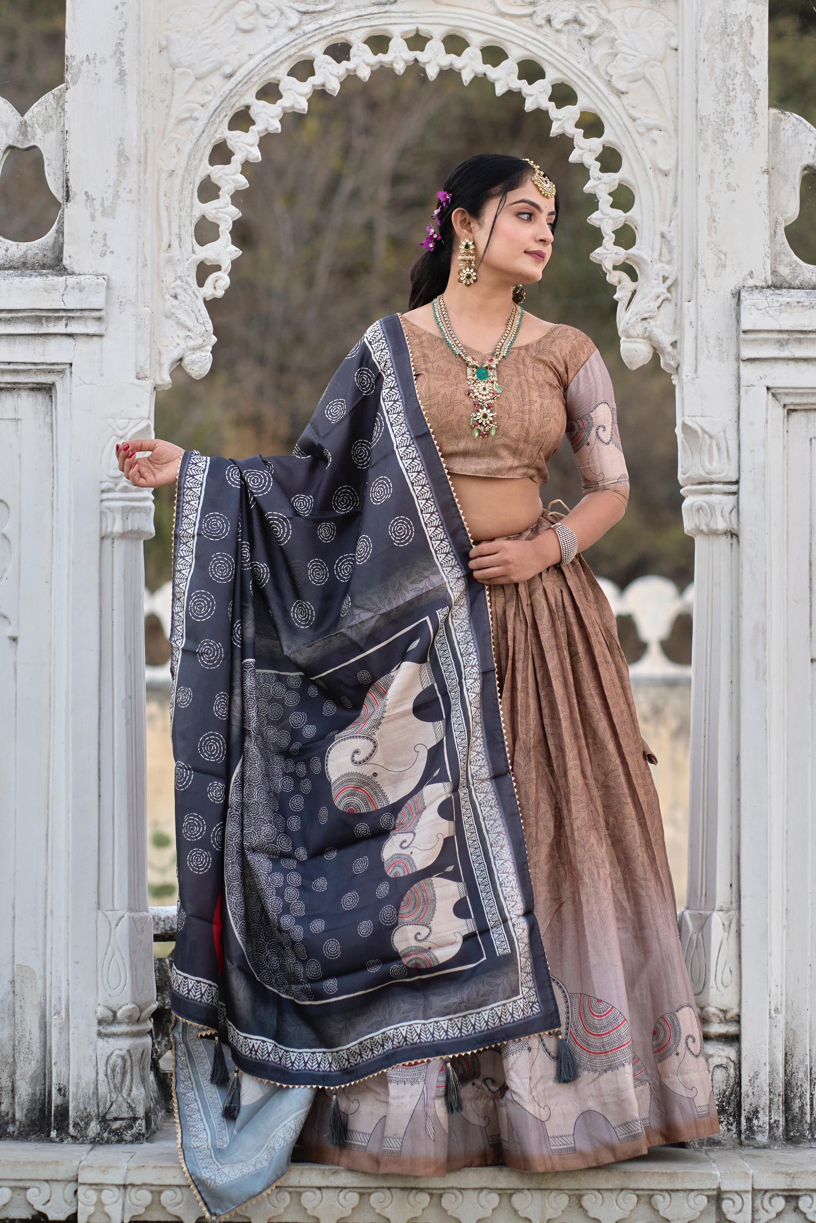 Graceful Brown Pure Manipuri Silk Printed Lehenga Choli Set - Ethnicwish