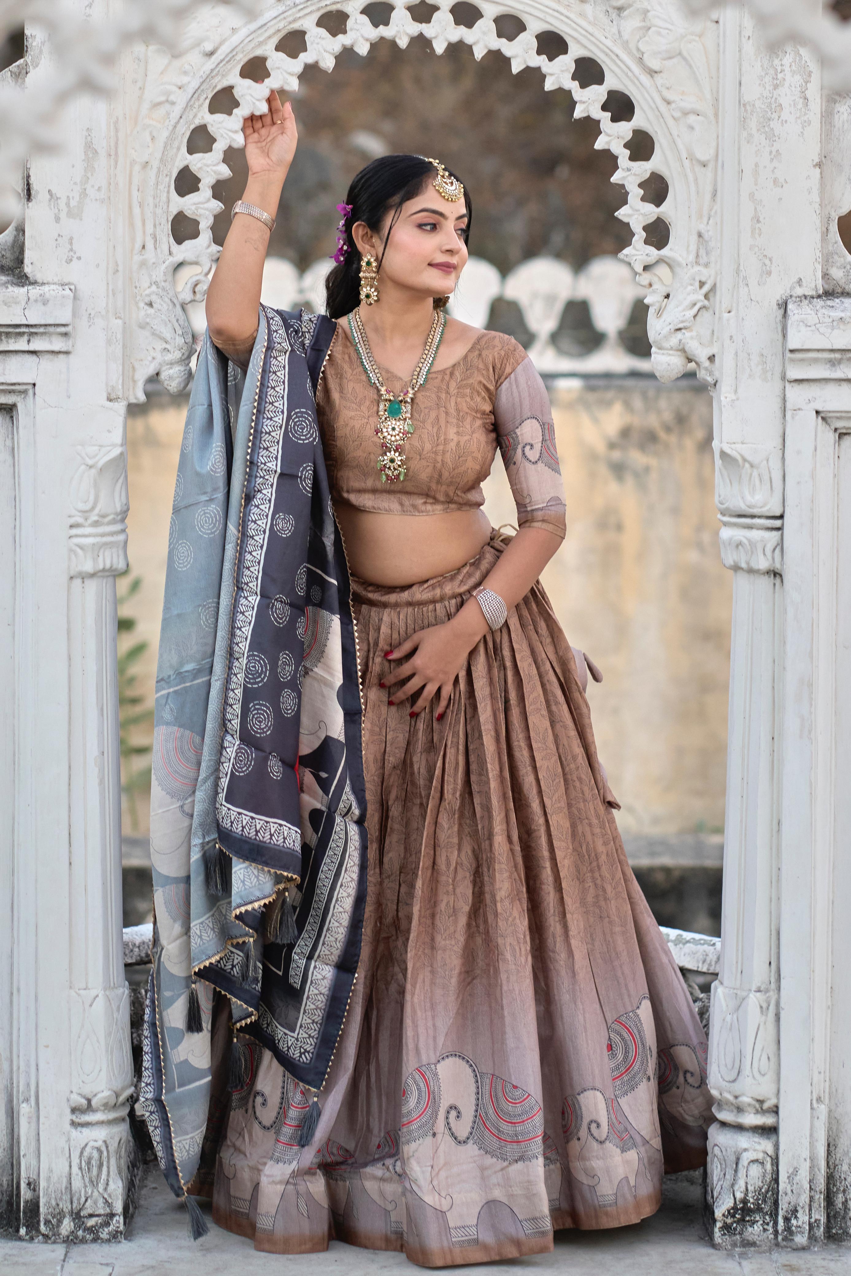 Graceful Brown Pure Manipuri Silk Printed Lehenga Choli Set - Ethnicwish