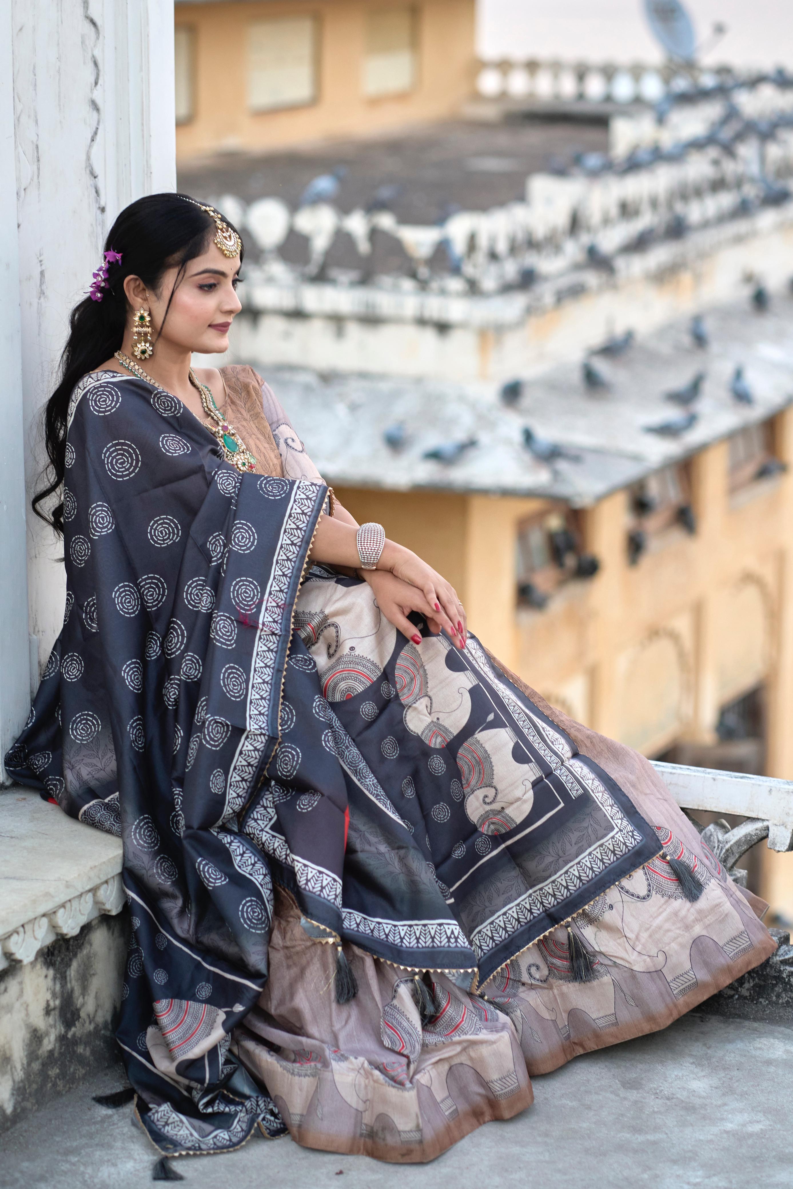 Graceful Brown Pure Manipuri Silk Printed Lehenga Choli Set - Ethnicwish