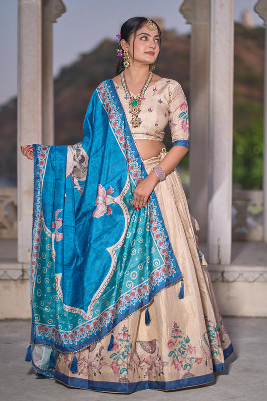 Gorgeous Cream Pure Manipuri Silk Printed Lehenga Choli - Ethnicwish
