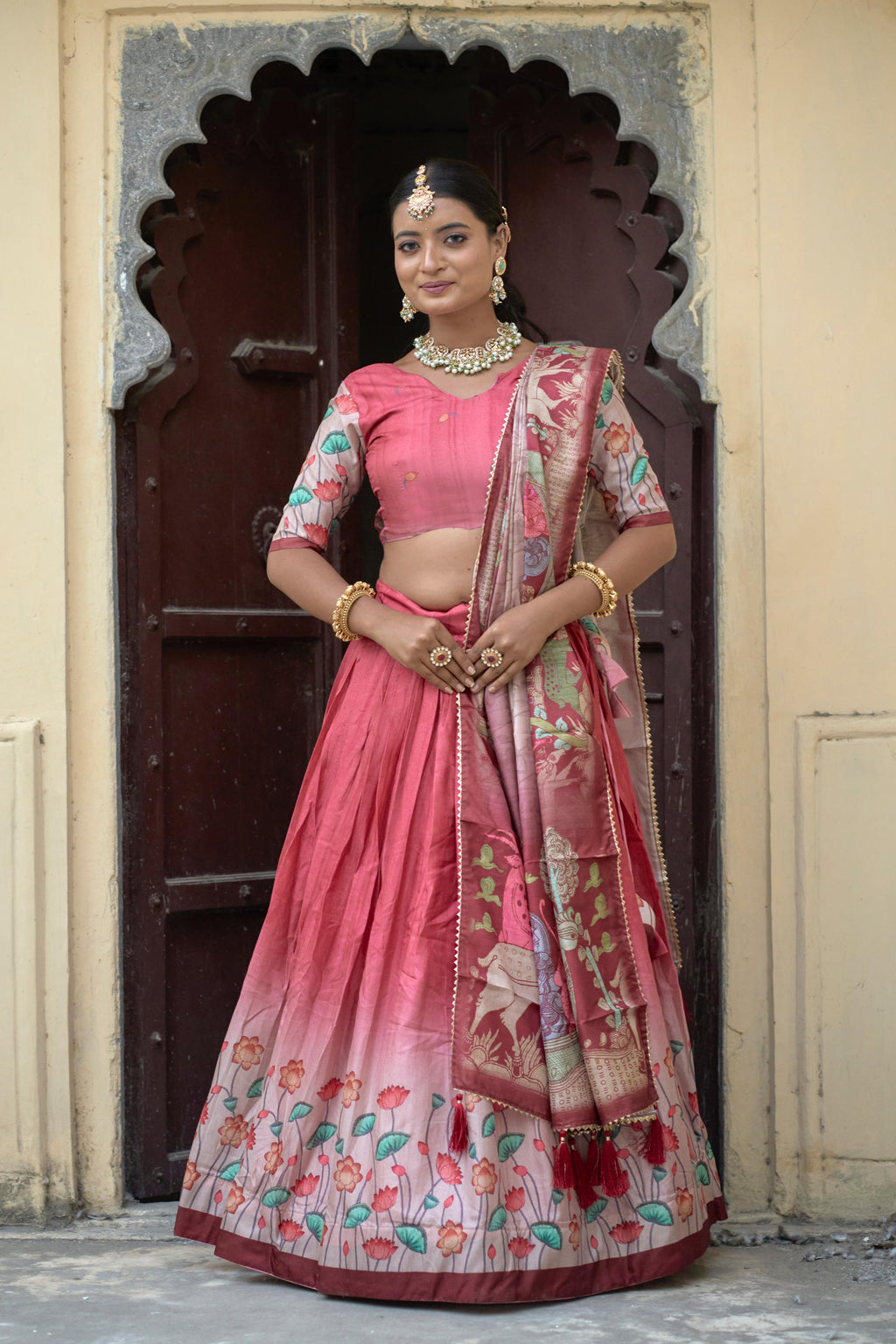 Arresting Pink Pure Manipuri Silk Printed Lehenga Choli Set - Ethnicwish