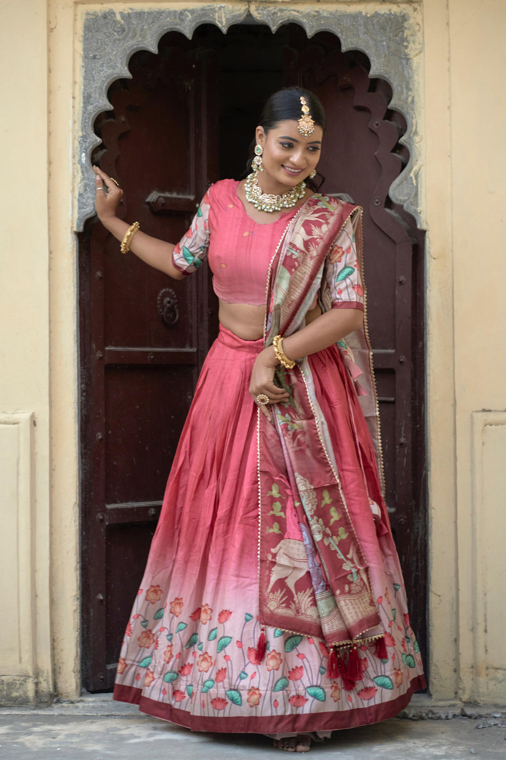 Arresting Pink Pure Manipuri Silk Printed Lehenga Choli Set - Ethnicwish