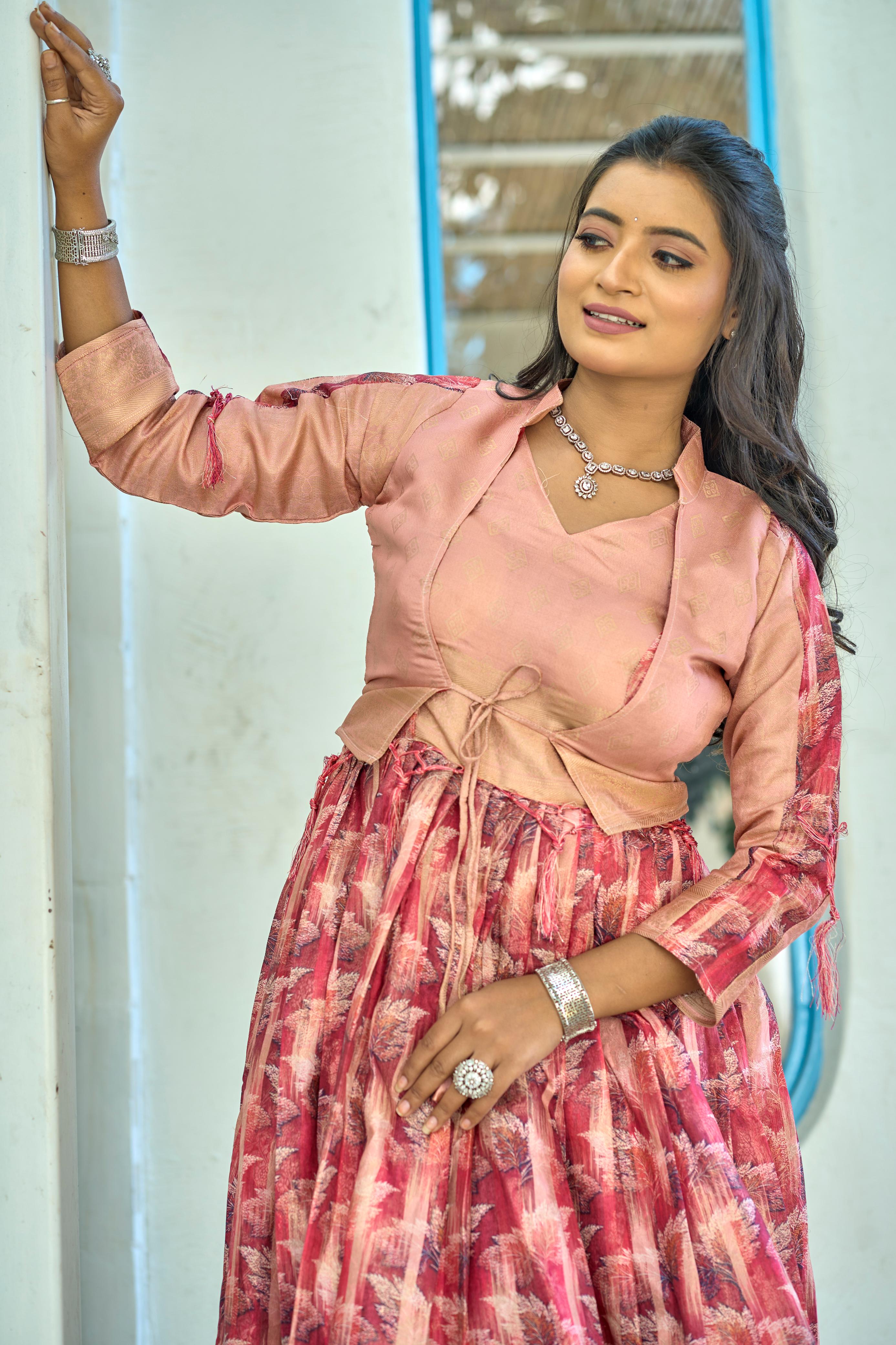 Lovely Soft Silk Printed Zari Border Worked Gown With Koti - Ethnicwish