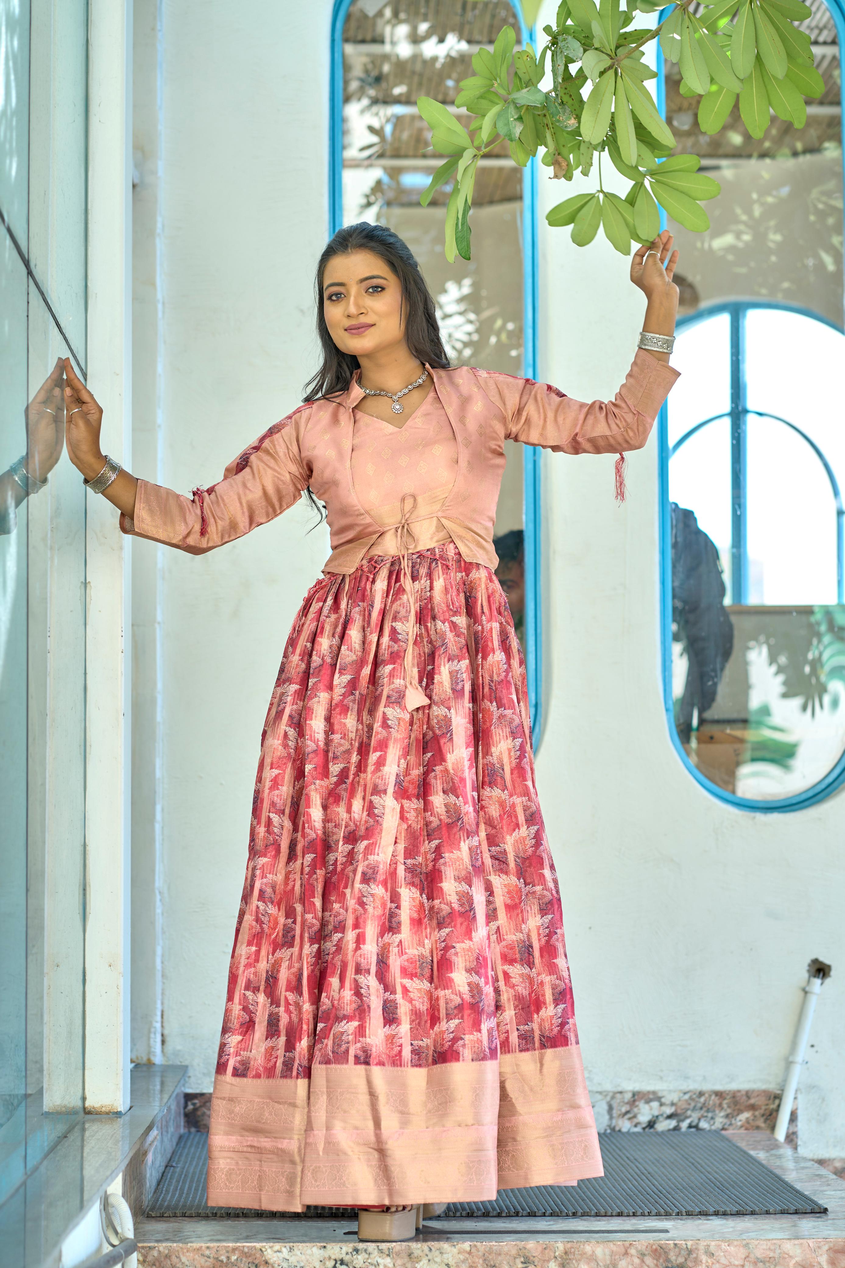 Lovely Soft Silk Printed Zari Border Worked Gown With Koti - Ethnicwish