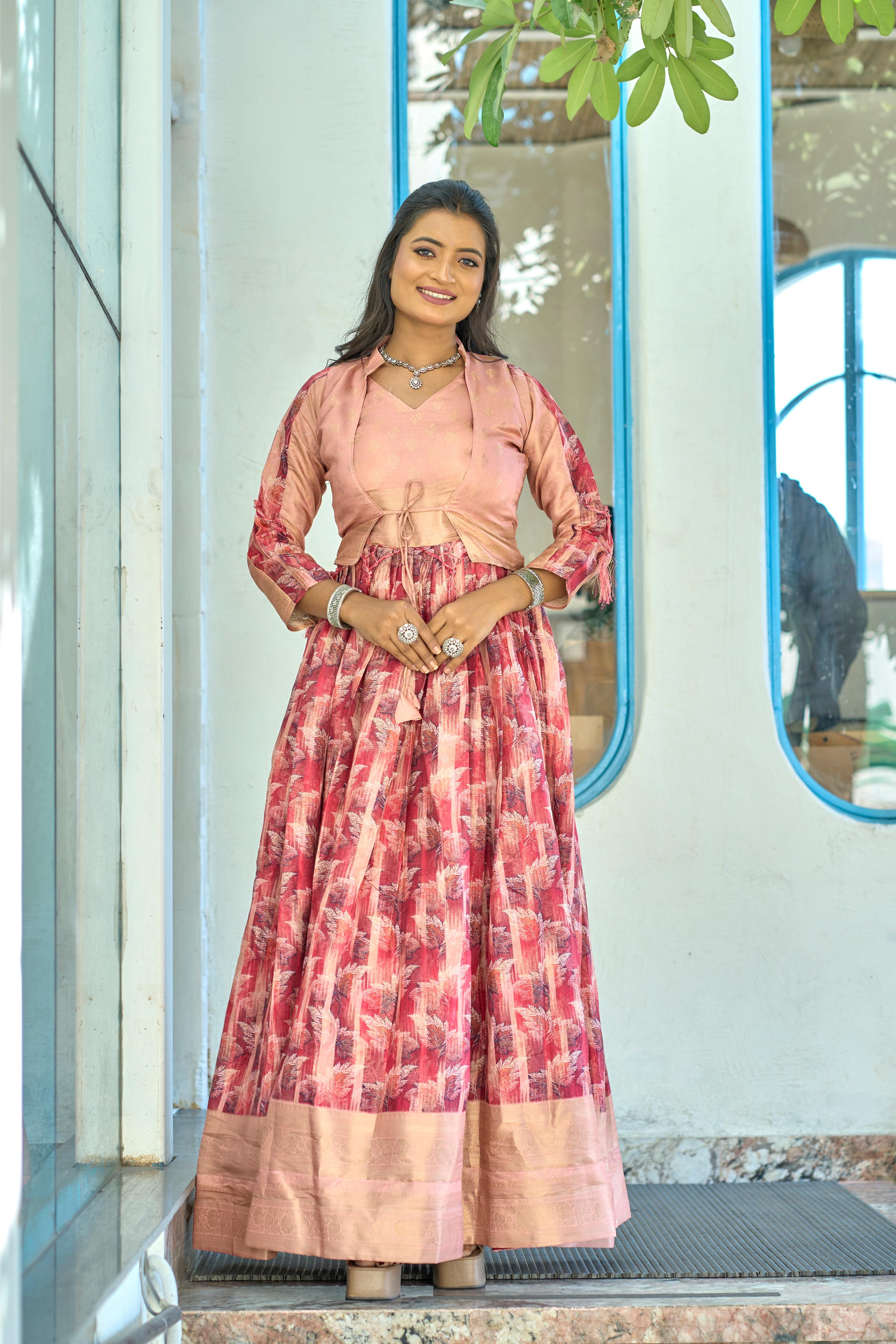 Lovely Soft Silk Printed Zari Border Worked Gown With Koti - Ethnicwish