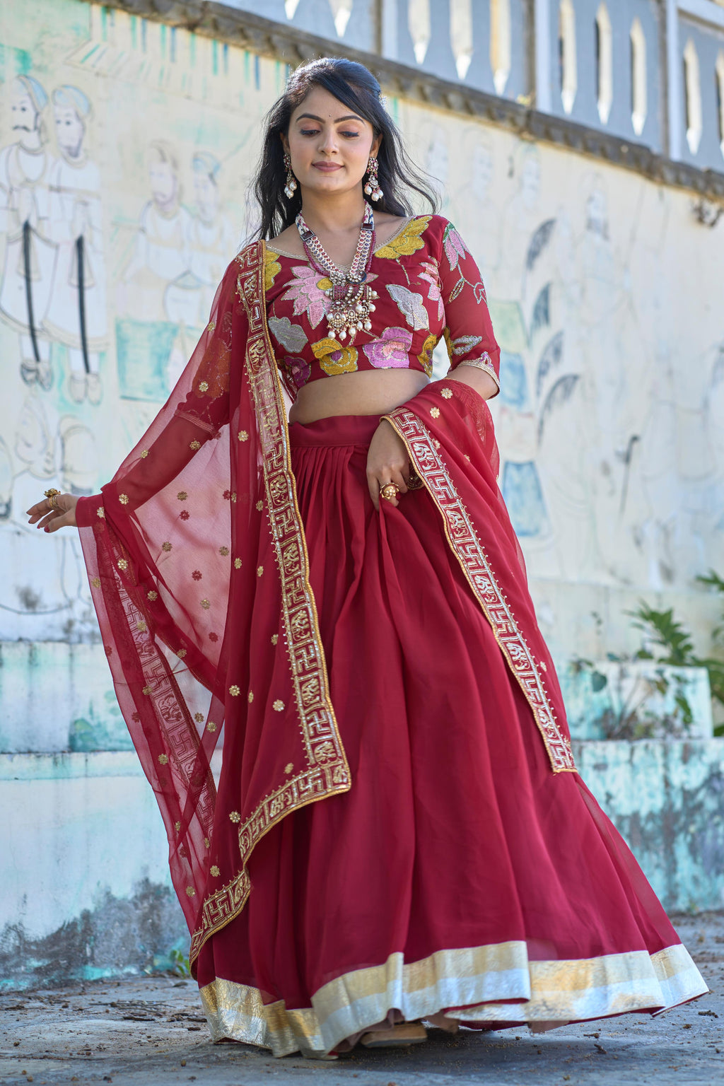 Magnificent Maroon Georgette Floral Embroidered Lehenga Choli Set - Ethnicwish