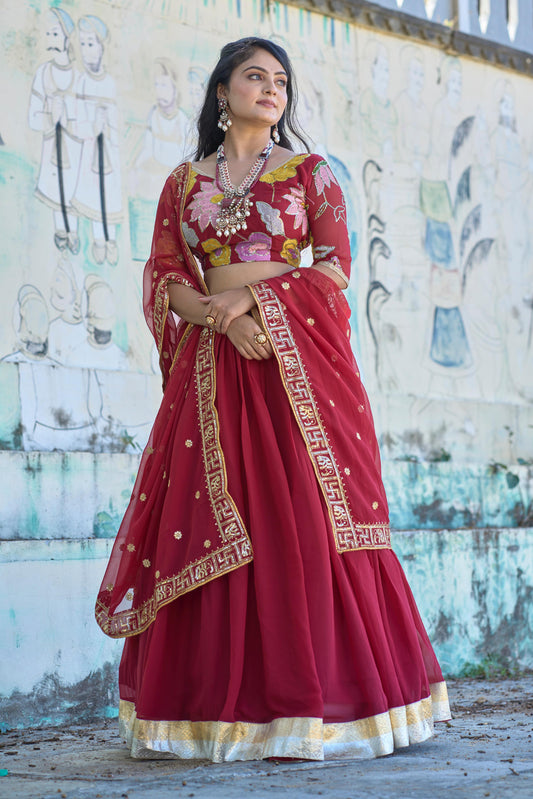 Magnificent Maroon Georgette Floral Embroidered Lehenga Choli Set - Ethnicwish