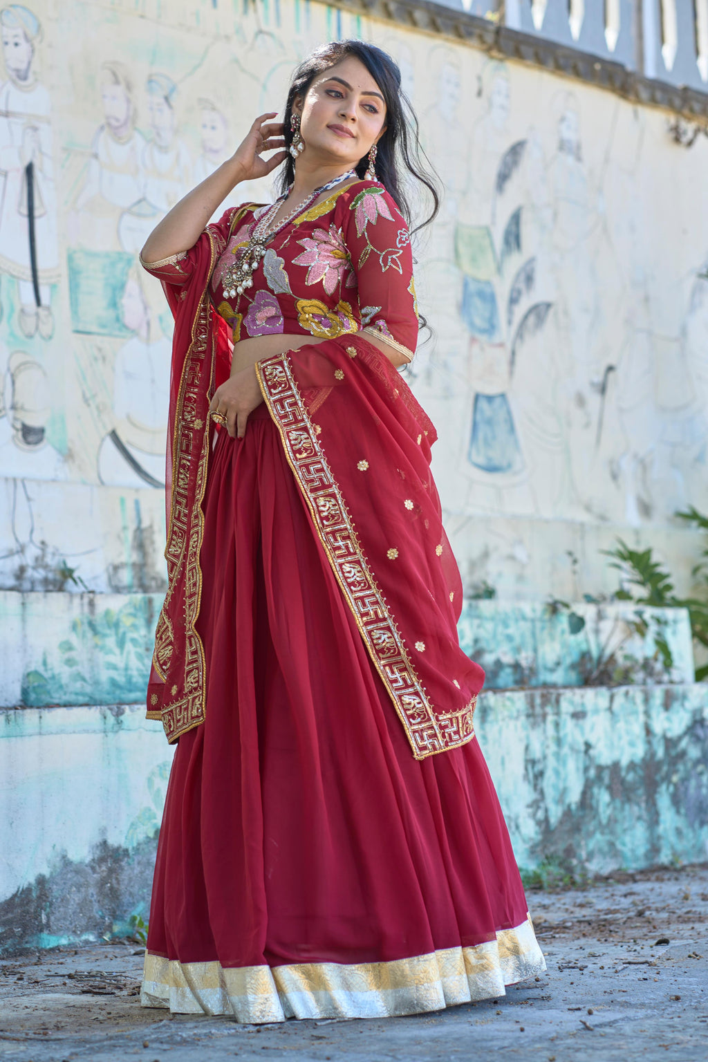 Magnificent Maroon Georgette Floral Embroidered Lehenga Choli Set - Ethnicwish