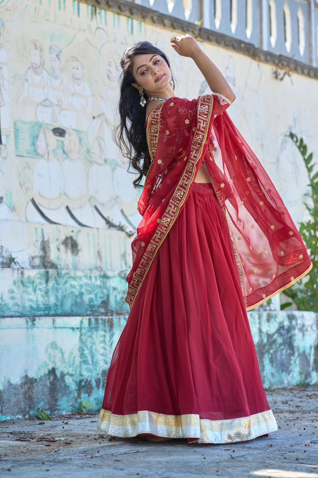 Magnificent Maroon Georgette Floral Embroidered Lehenga Choli Set - Ethnicwish