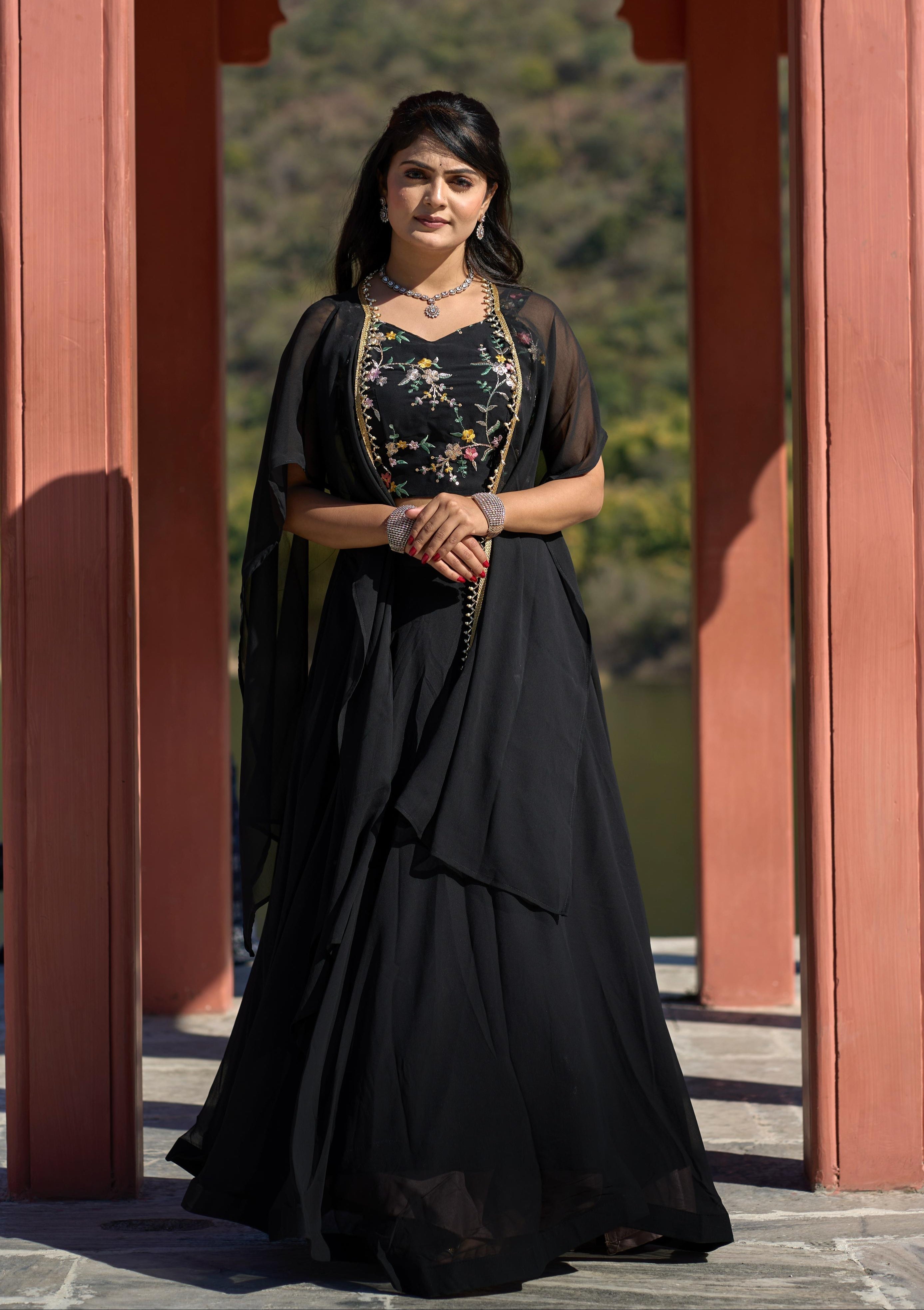 Classic Black Georgette Embroidered Blouse Lehenga Koti Set - Ethnicwish