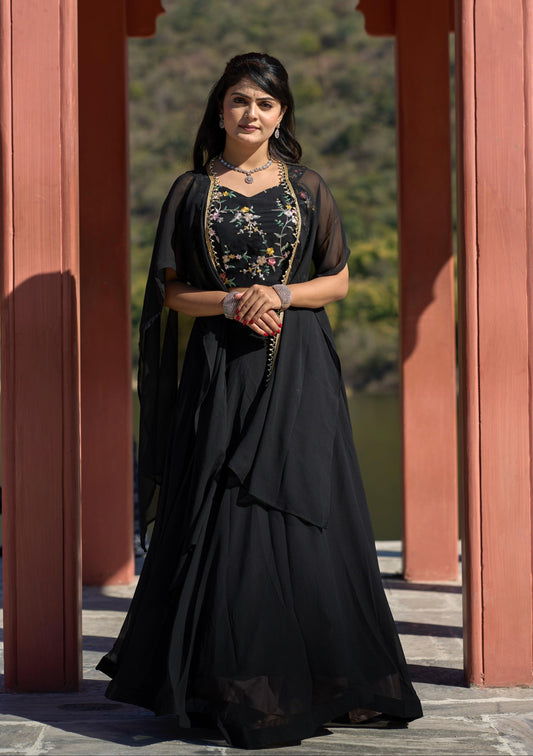 Classic Black Georgette Embroidered Blouse Lehenga Koti Set - Ethnicwish