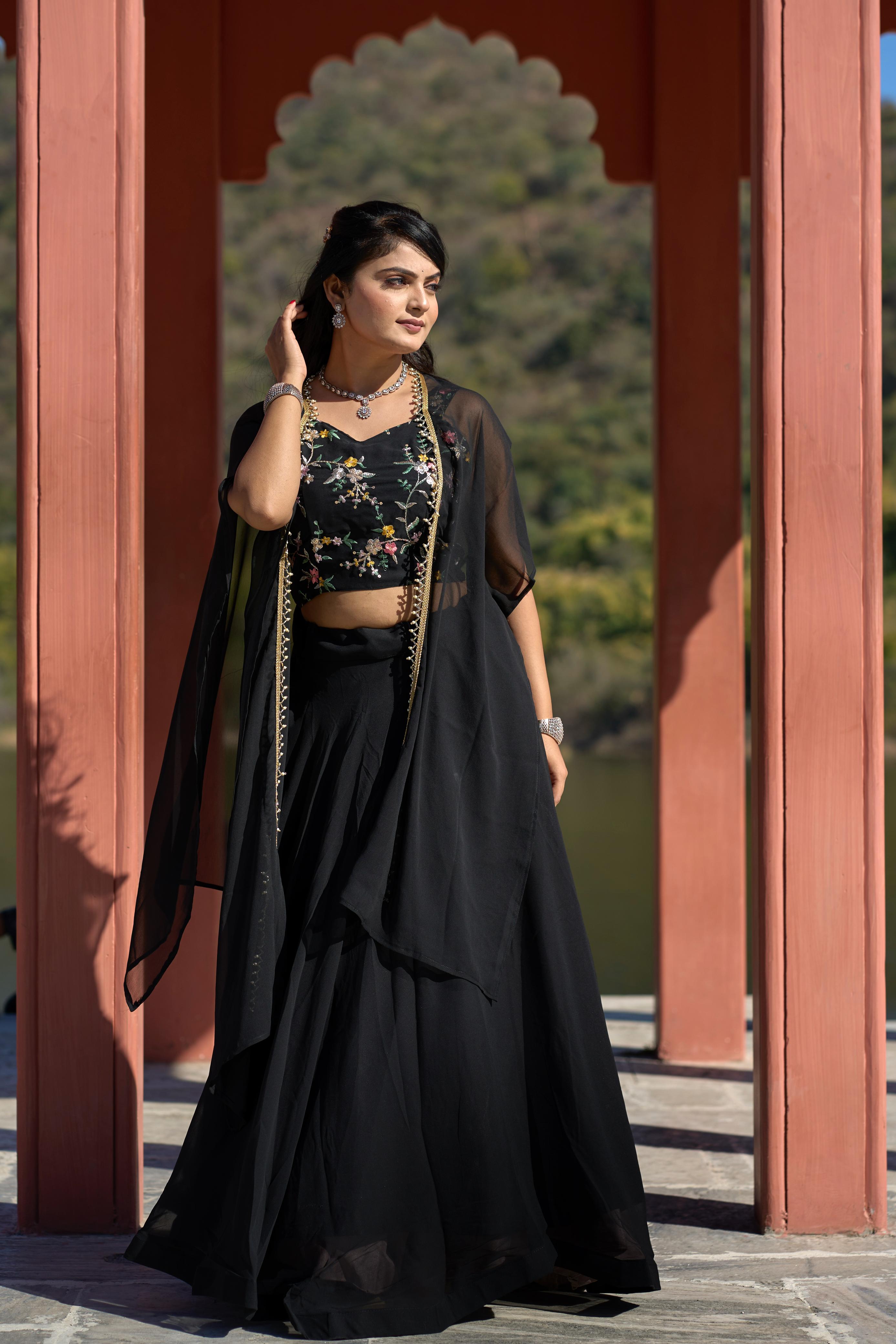 Classic Black Georgette Embroidered Blouse Lehenga Koti Set - Ethnicwish