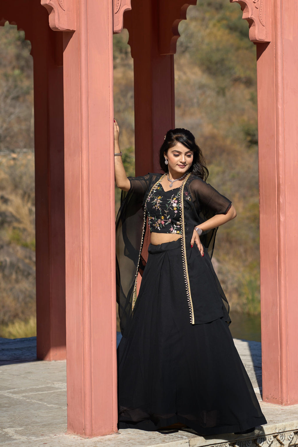 Classic Black Georgette Embroidered Blouse Lehenga Koti Set - Ethnicwish