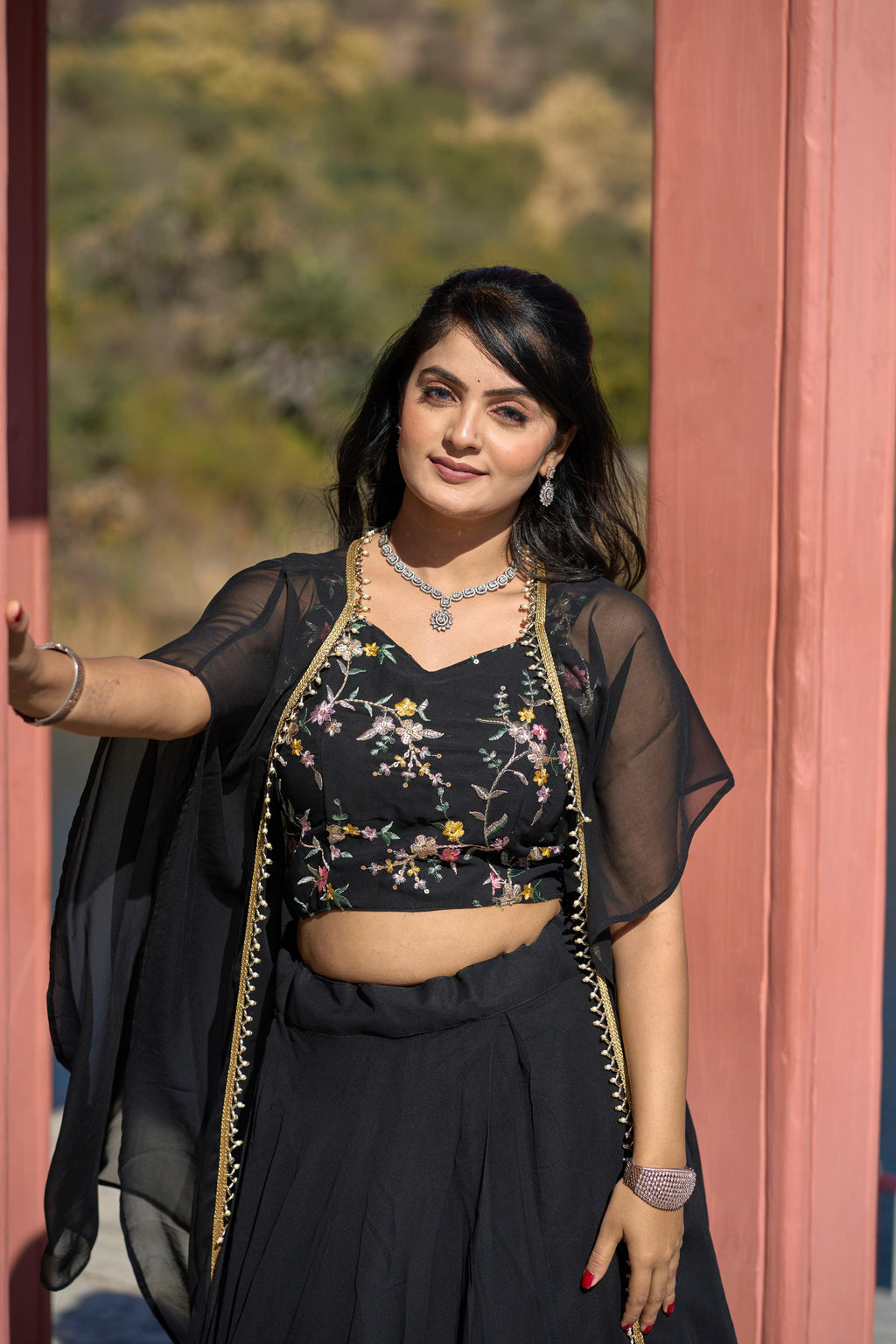 Classic Black Georgette Embroidered Blouse Lehenga Koti Set - Ethnicwish