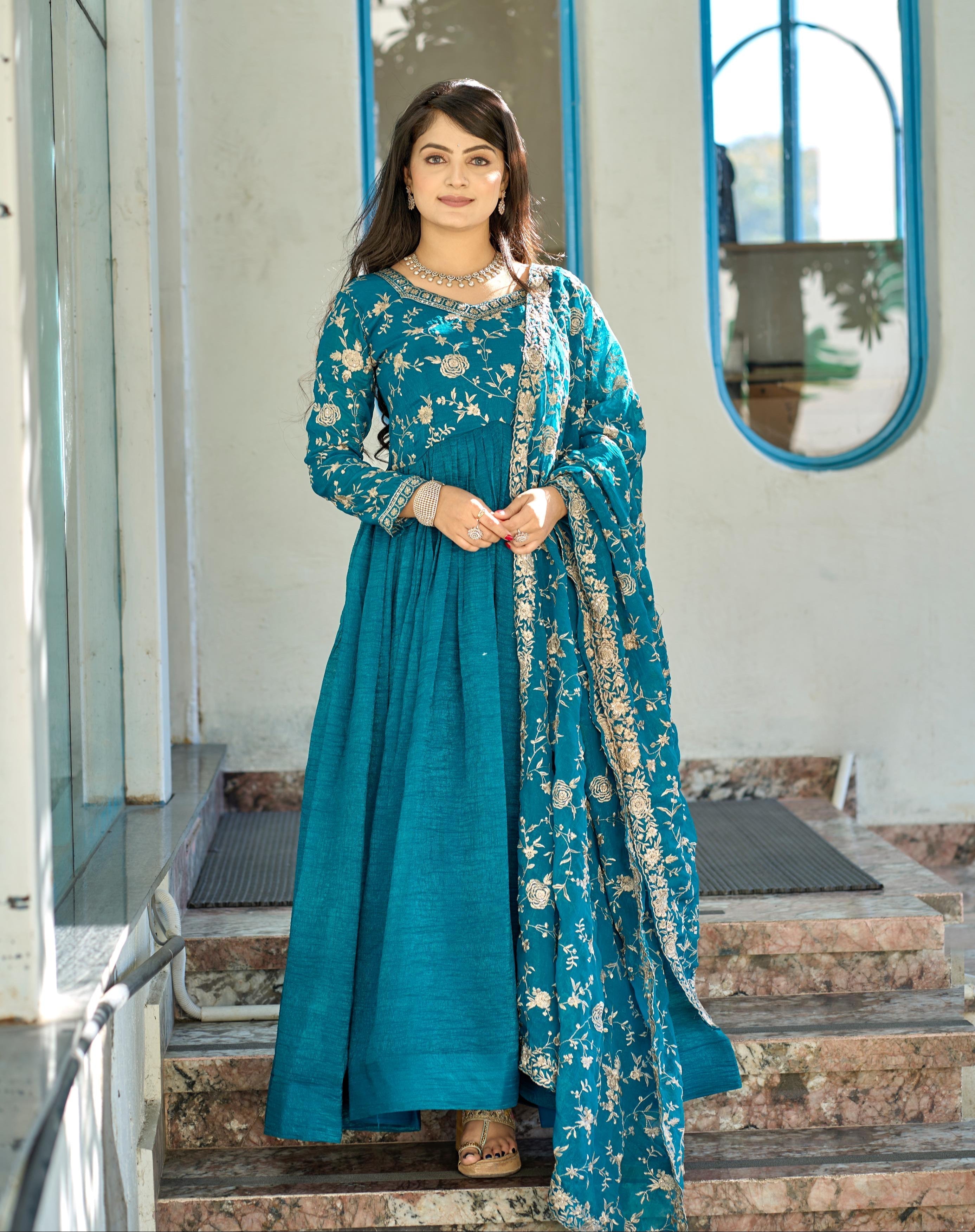 Exquisite Rama Colored Pure Crunchy Embroidered Gown With Dupatta - Ethnicwish