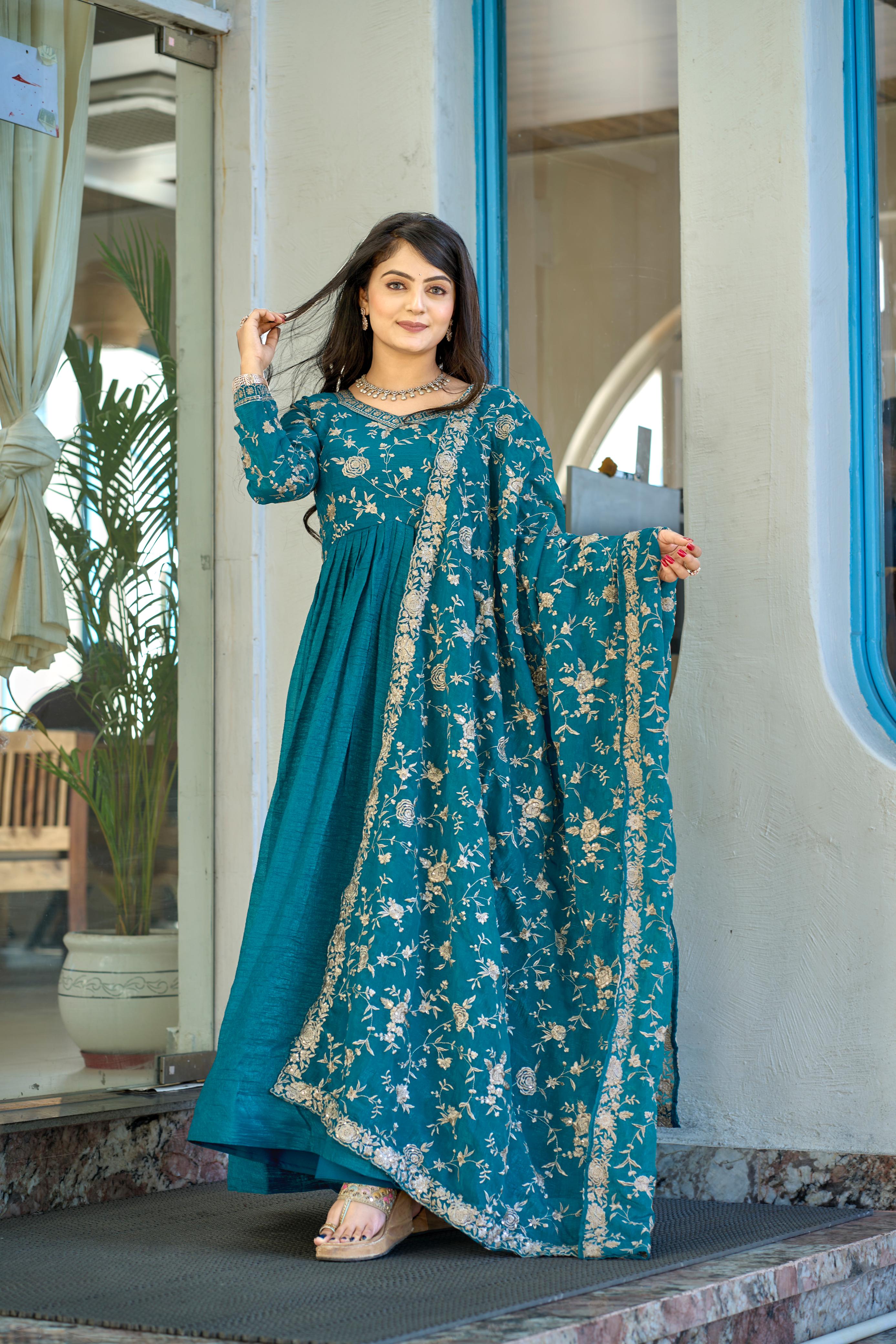 Exquisite Rama Colored Pure Crunchy Embroidered Gown With Dupatta - Ethnicwish