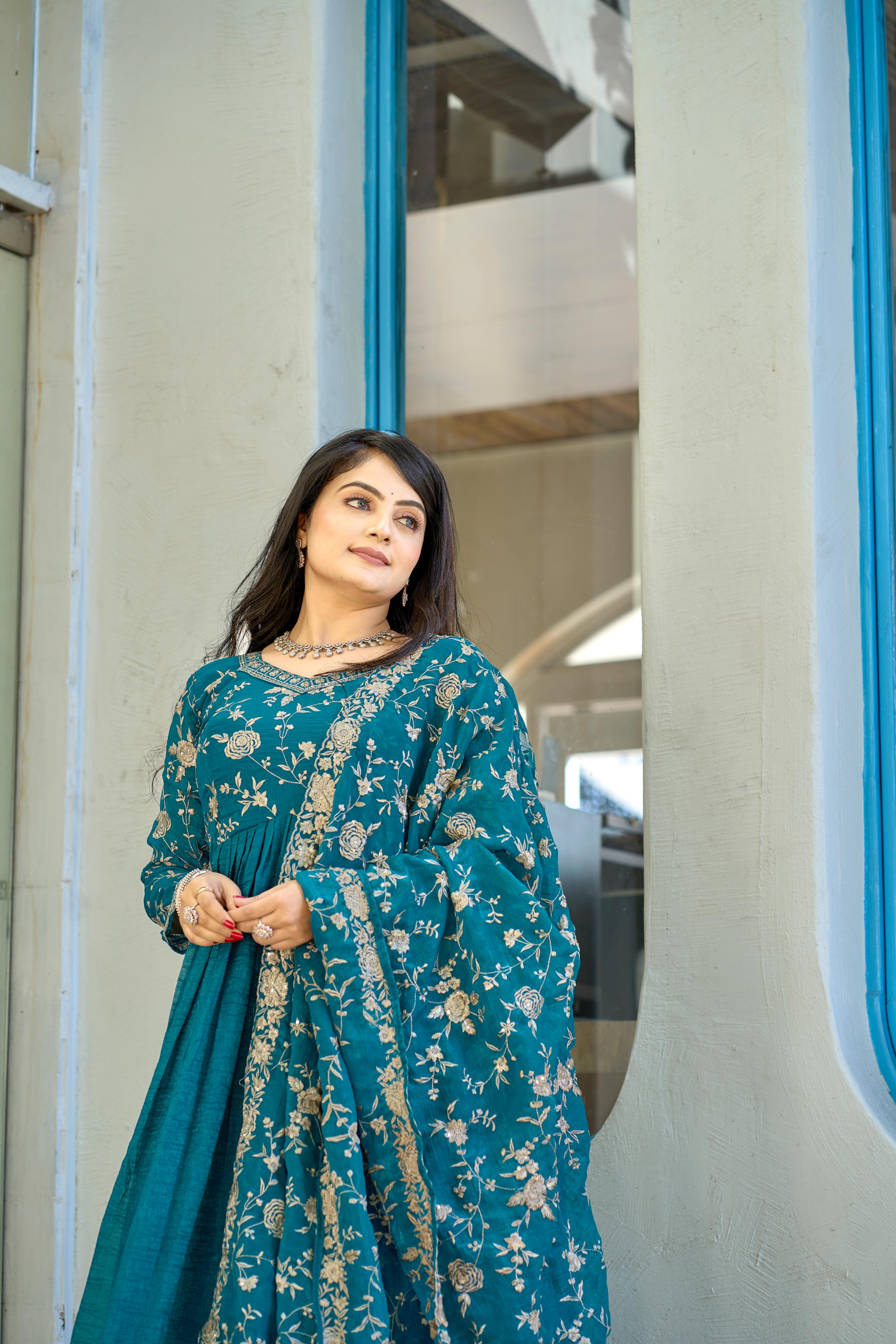 Exquisite Rama Colored Pure Crunchy Embroidered Gown With Dupatta - Ethnicwish