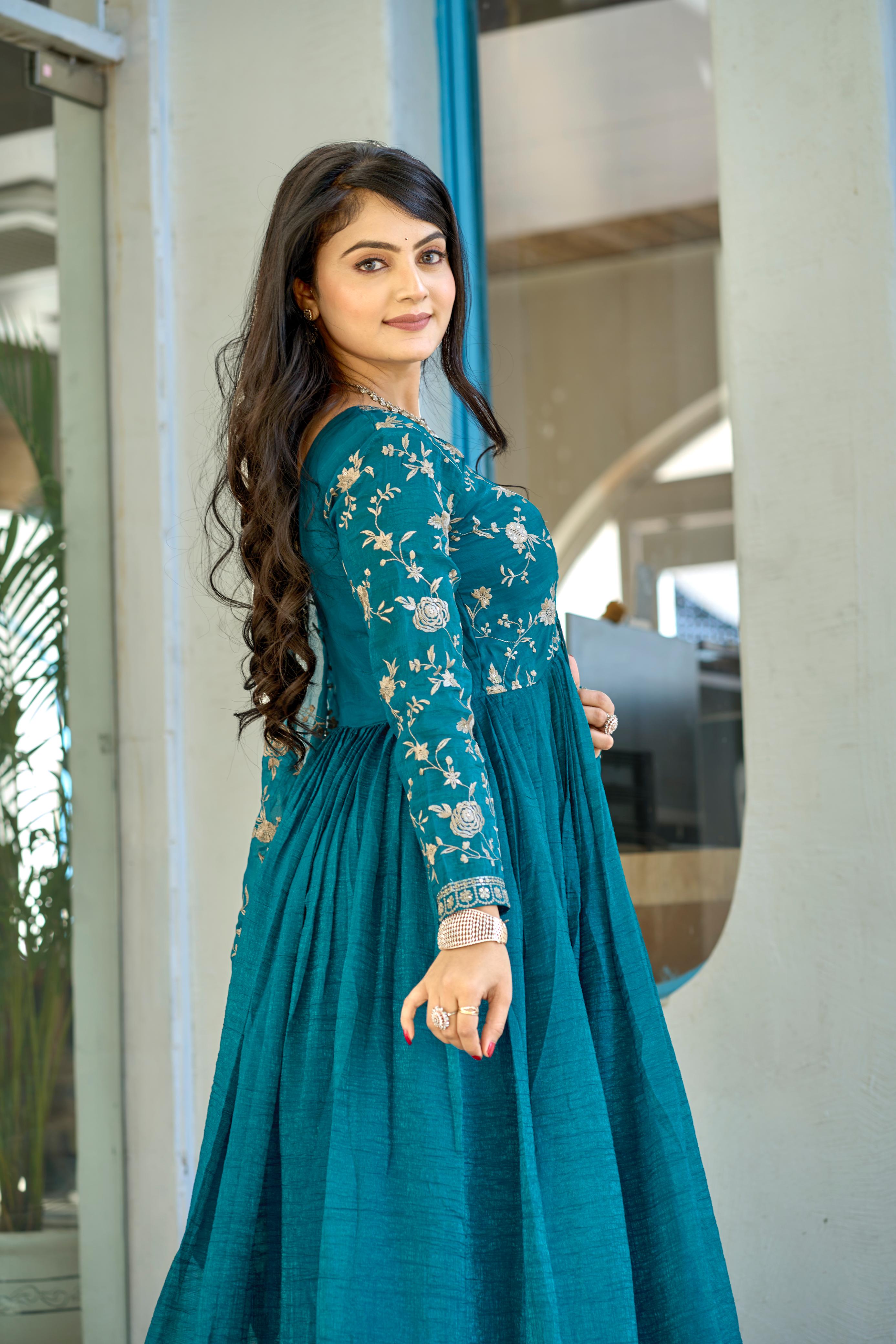 Exquisite Rama Colored Pure Crunchy Embroidered Gown With Dupatta - Ethnicwish