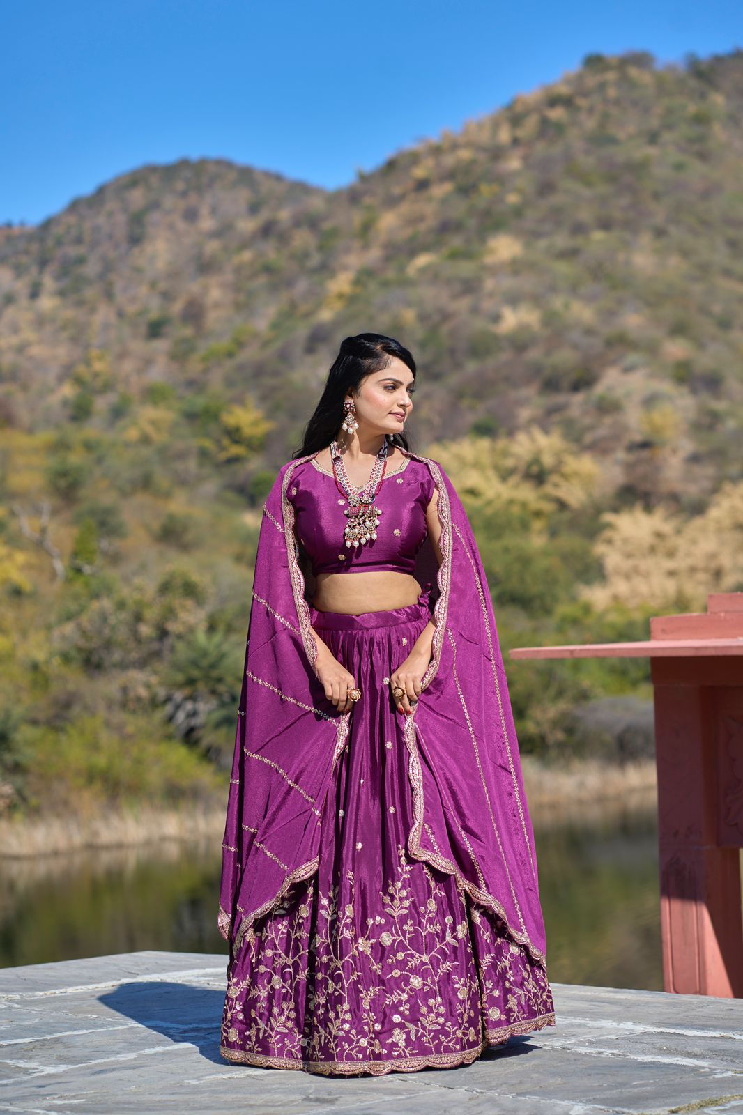 Elegant Chinon Thread Zari Embroidered Lehenga Choli Set - Ethnicwish