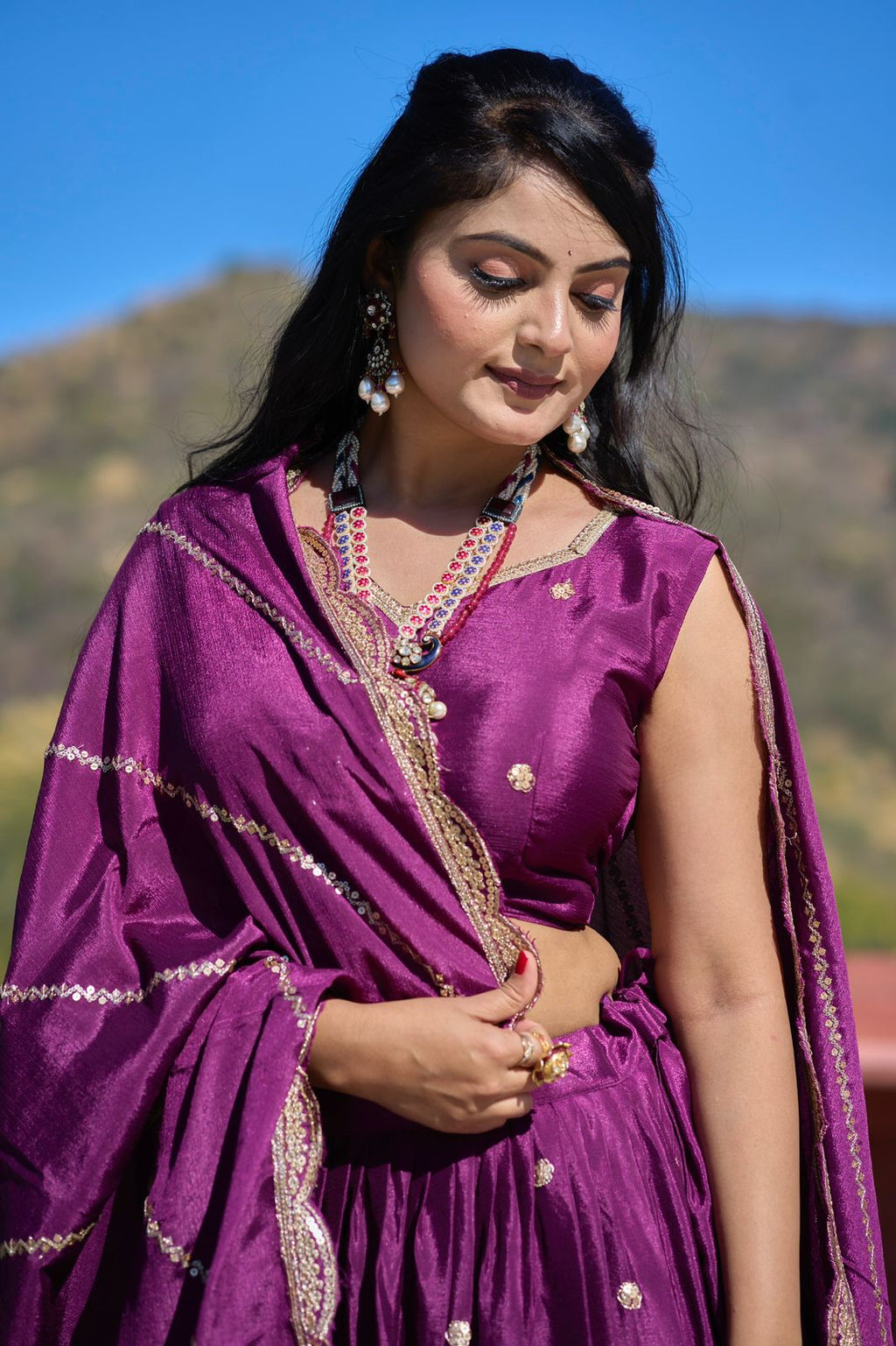 Elegant Chinon Thread Zari Embroidered Lehenga Choli Set - Ethnicwish