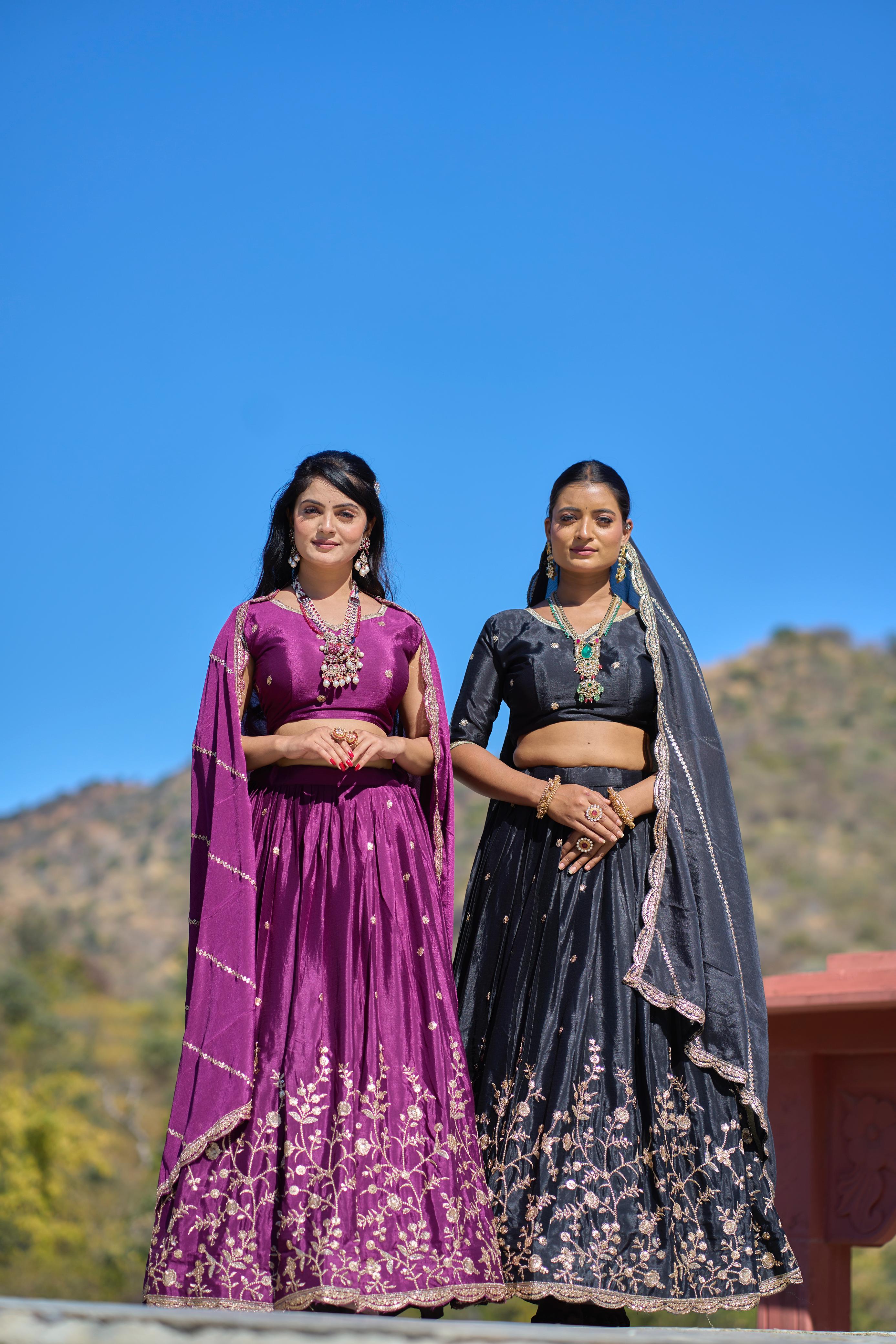 Elegant Chinon Thread Zari Embroidered Lehenga Choli Set - Ethnicwish