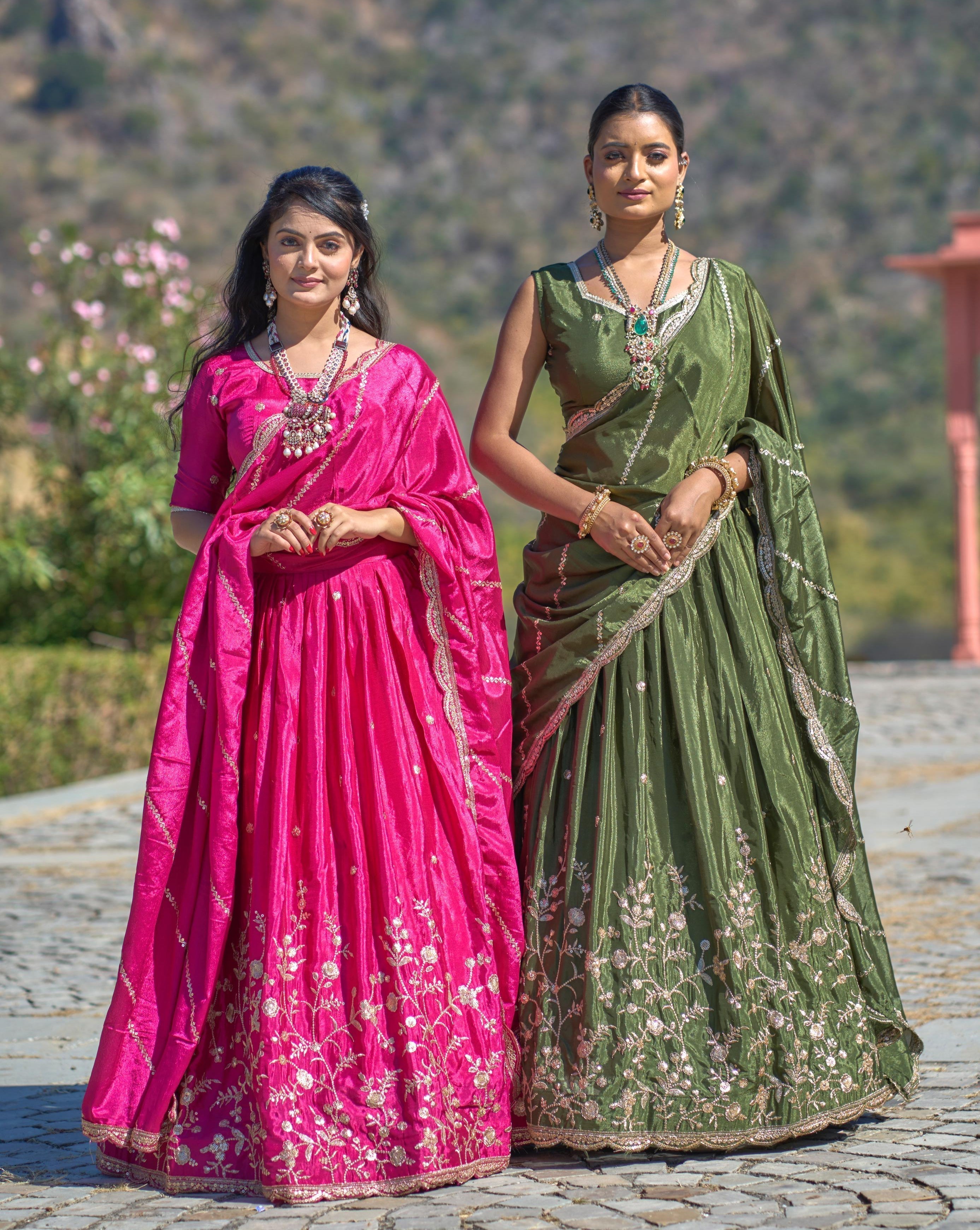 Elegant Chinon Thread Zari Embroidered Lehenga Choli Set - Ethnicwish