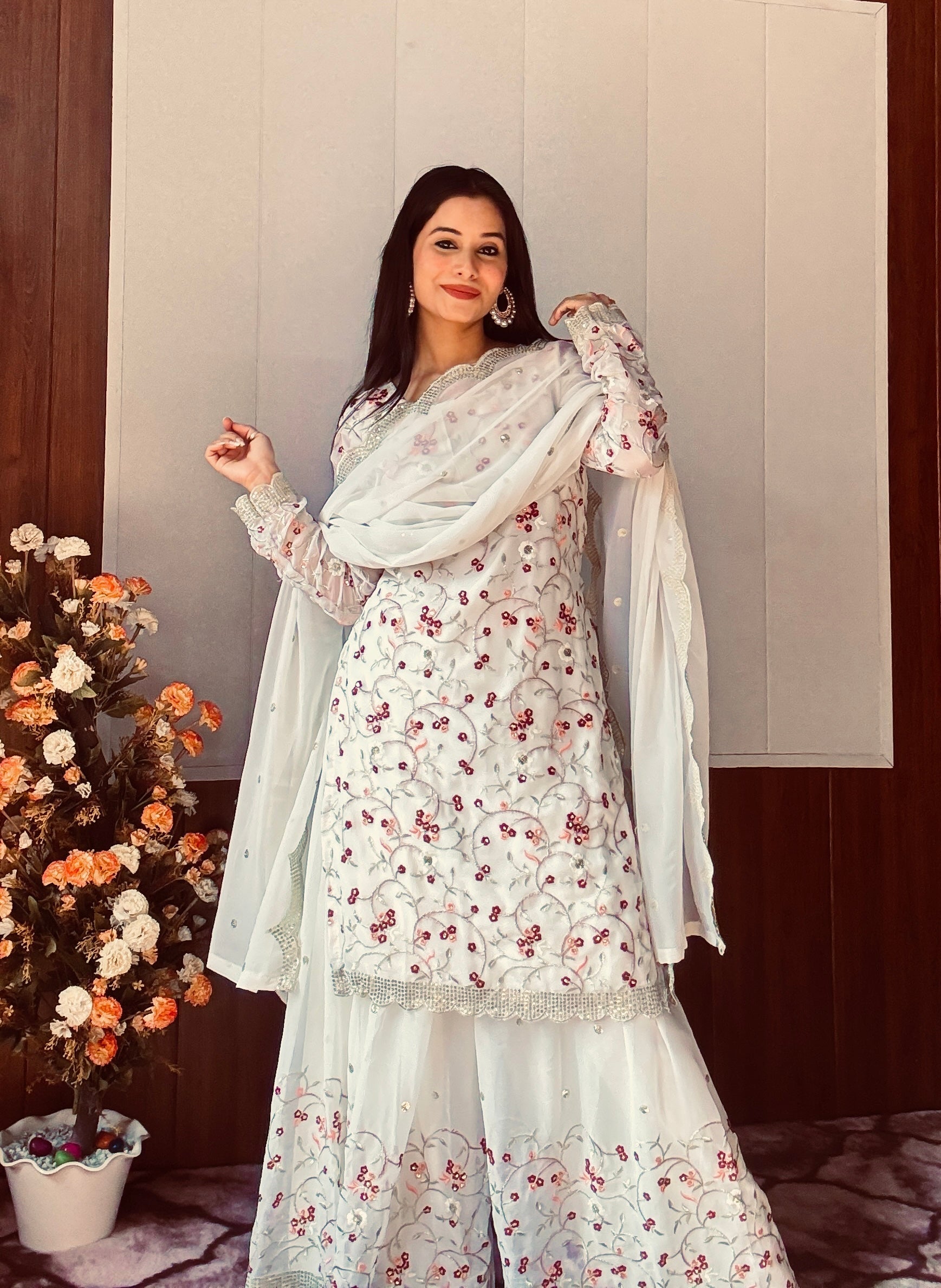 Divine Georgette Sequins Zari Thread Worked Top Sharara Suit - ETHNICDEAL