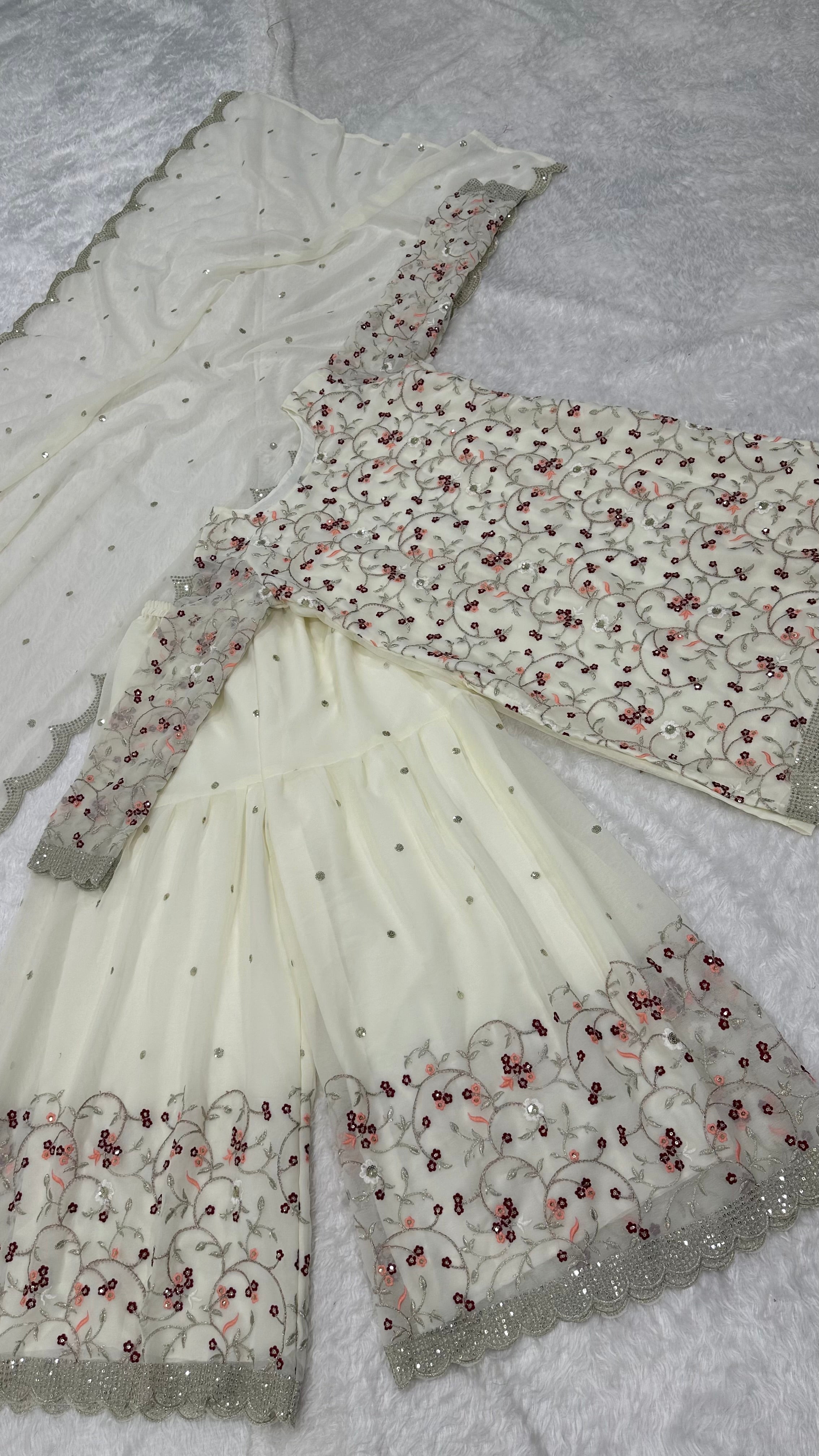 Divine Georgette Sequins Zari Thread Worked Top Sharara Suit - ETHNICDEAL