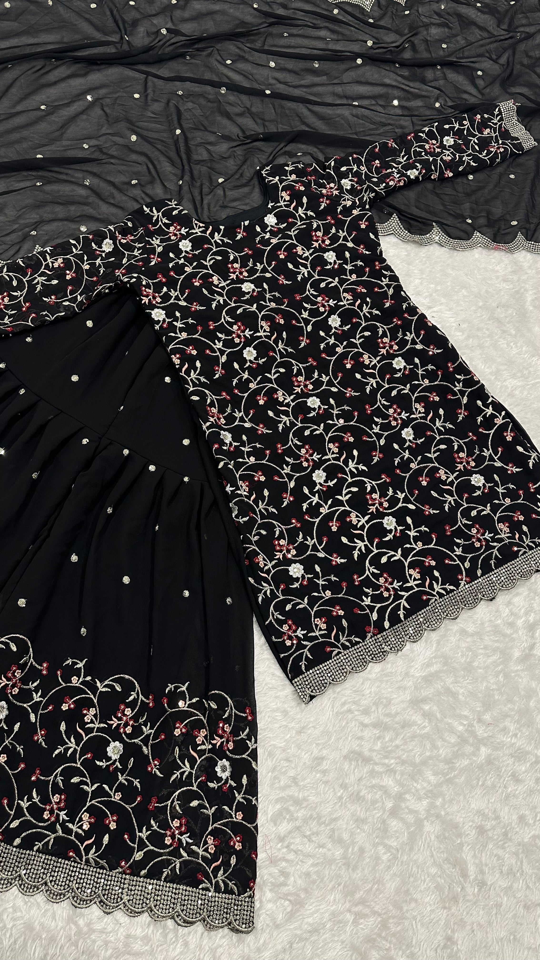 Divine Georgette Sequins Zari Thread Worked Top Sharara Suit - ETHNICDEAL