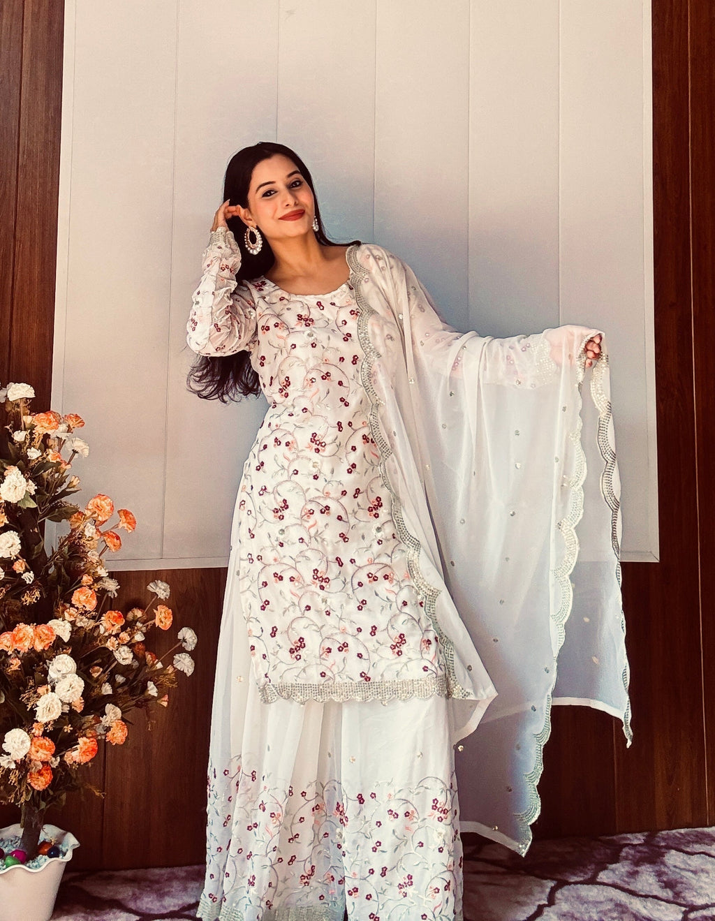 Divine Georgette Sequins Zari Thread Worked Top Sharara Suit - ETHNICDEAL