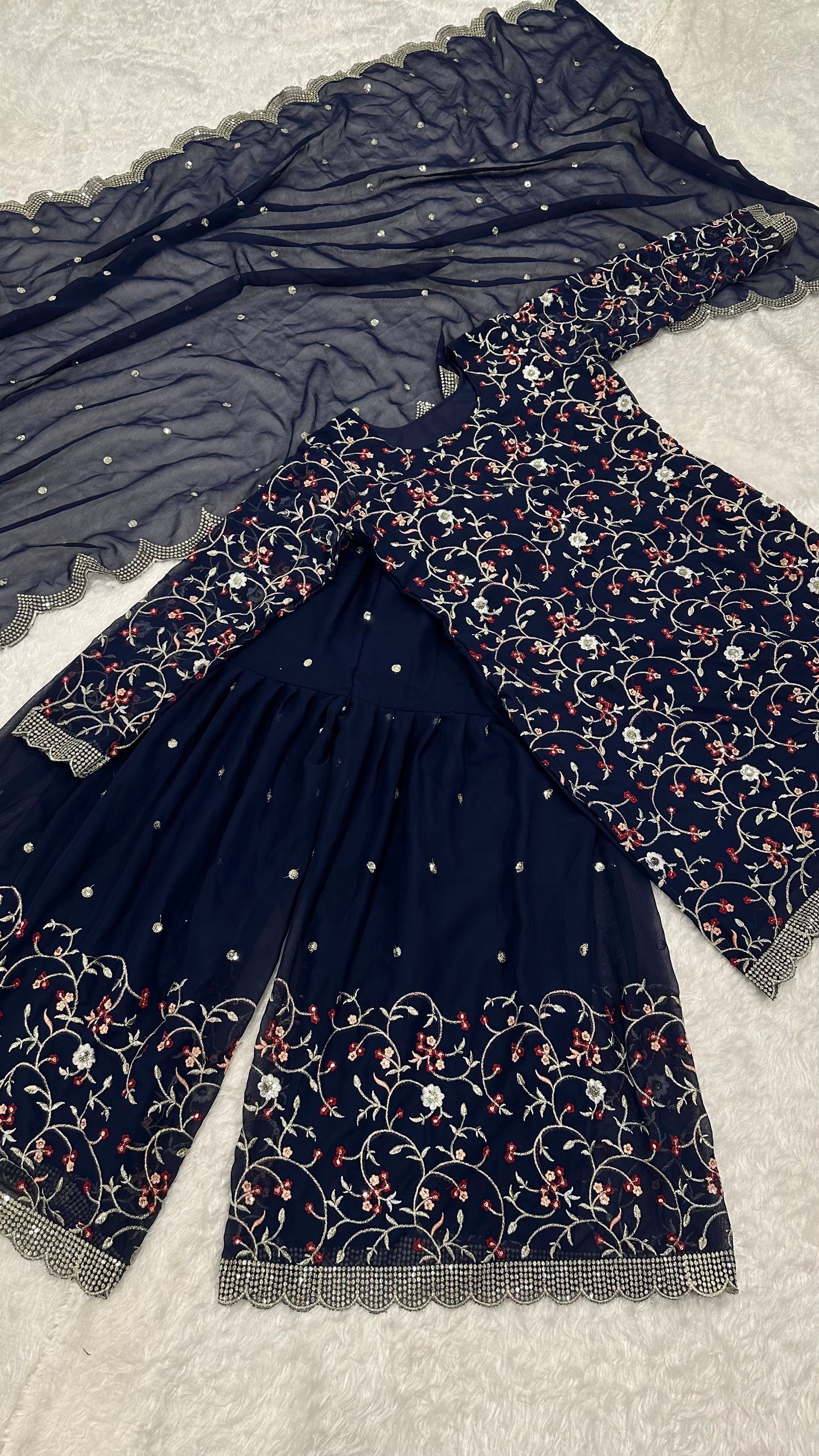 Divine Georgette Sequins Zari Thread Worked Top Sharara Suit - ETHNICDEAL